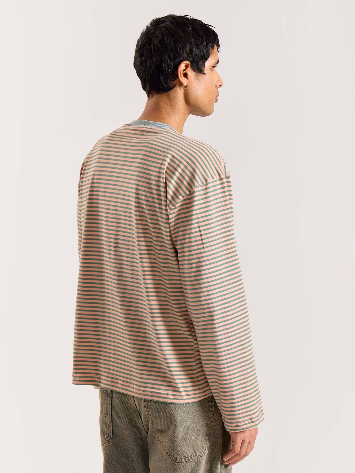 Peach & Sage Striped Loose Fit Cropped T-Shirt image 7