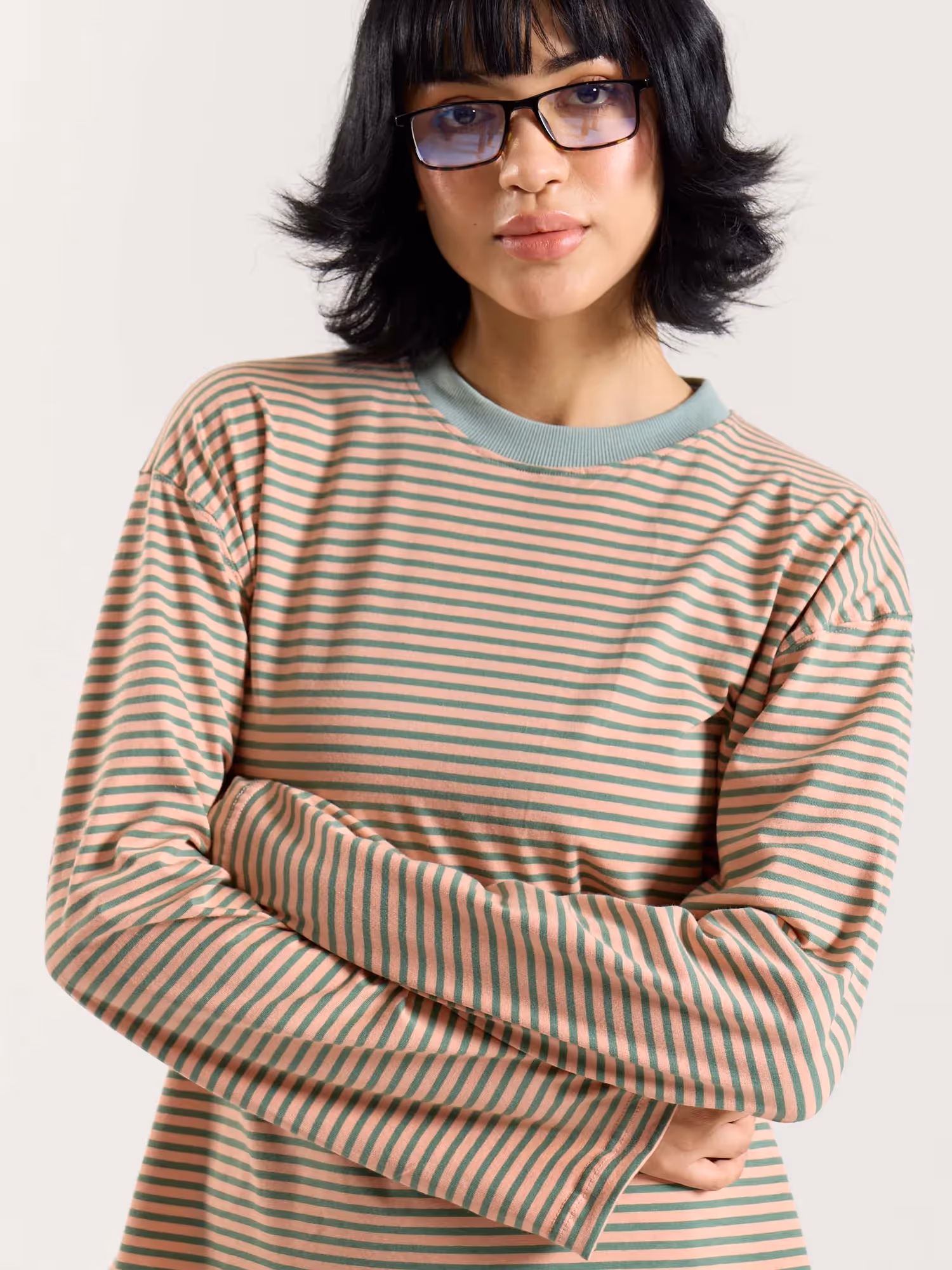 Peach & Sage Striped Loose Fit Cropped T-Shirt image 8