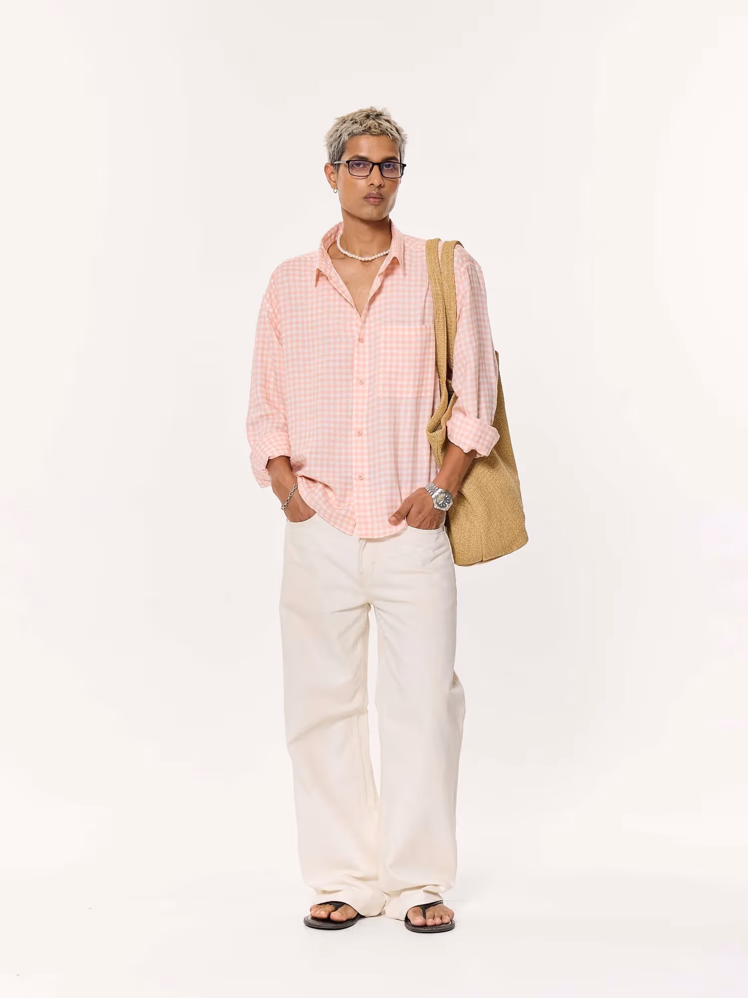 Peach & White Checkered Oversized Cropped Shirt  image 1