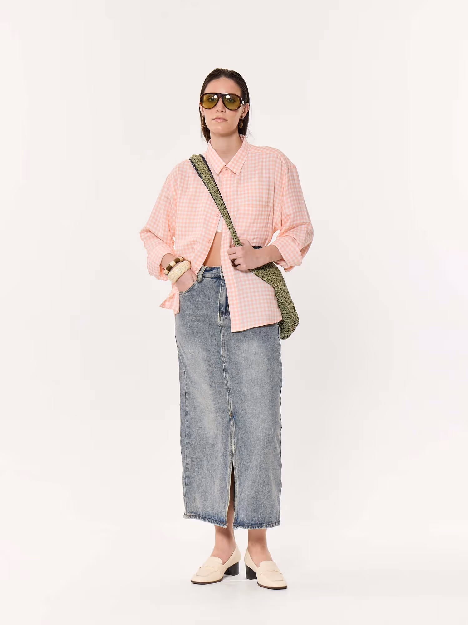 Peach & White Checkered Oversized Cropped Shirt  image 2