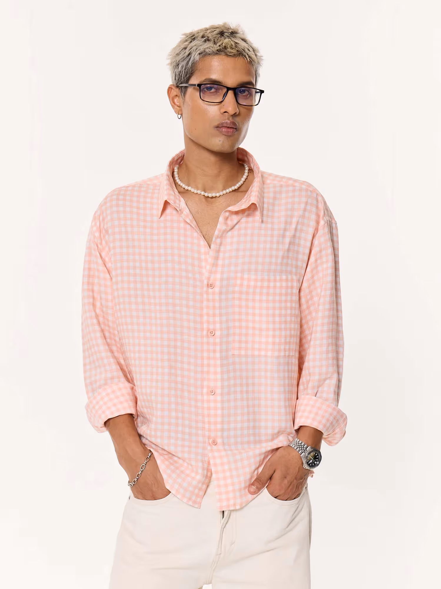 Peach & White Checkered Oversized Cropped Shirt  image 3