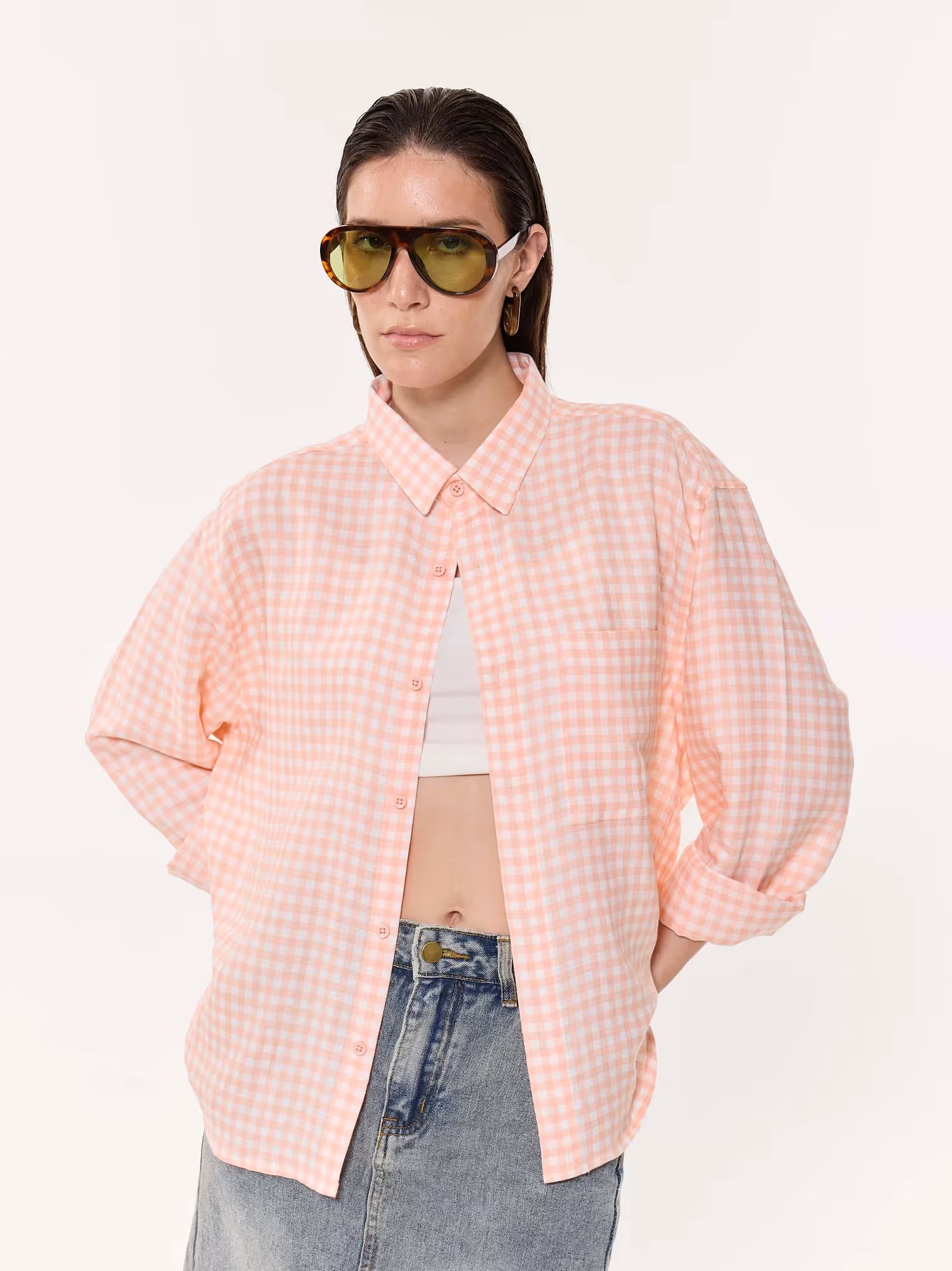 Peach & White Checkered Oversized Cropped Shirt  image 4