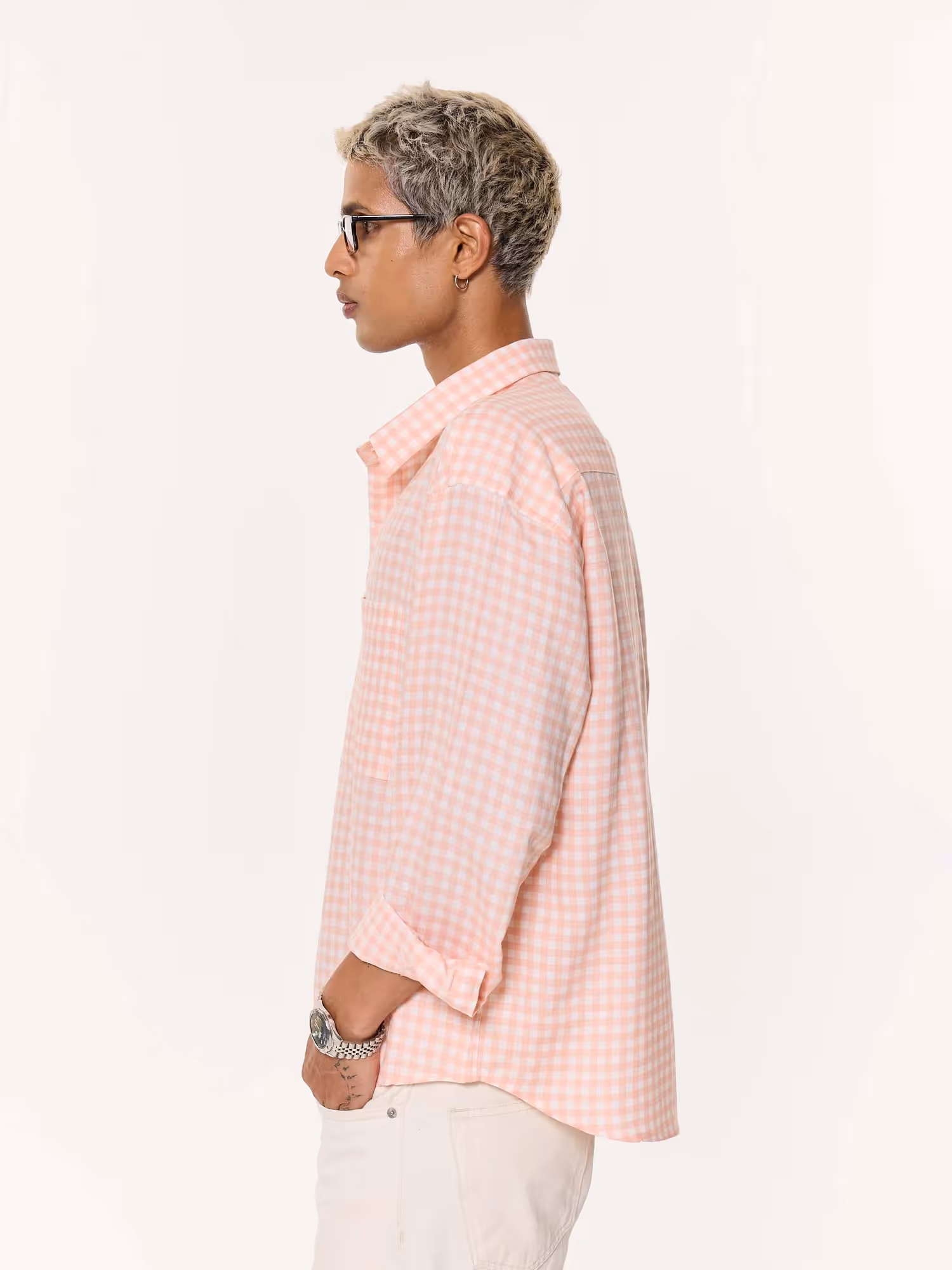 Peach & White Checkered Oversized Cropped Shirt  image 5
