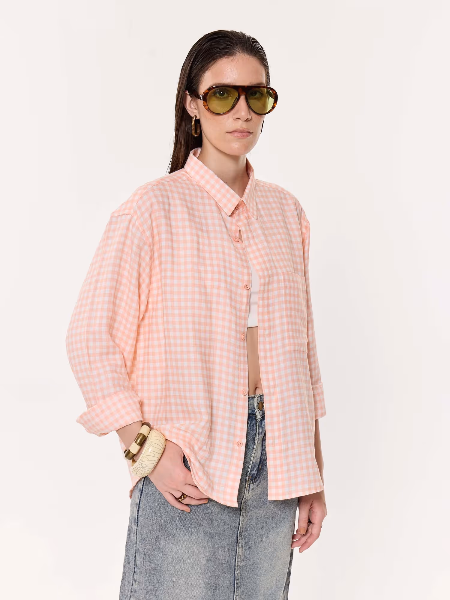 Peach & White Checkered Oversized Cropped Shirt  image 6