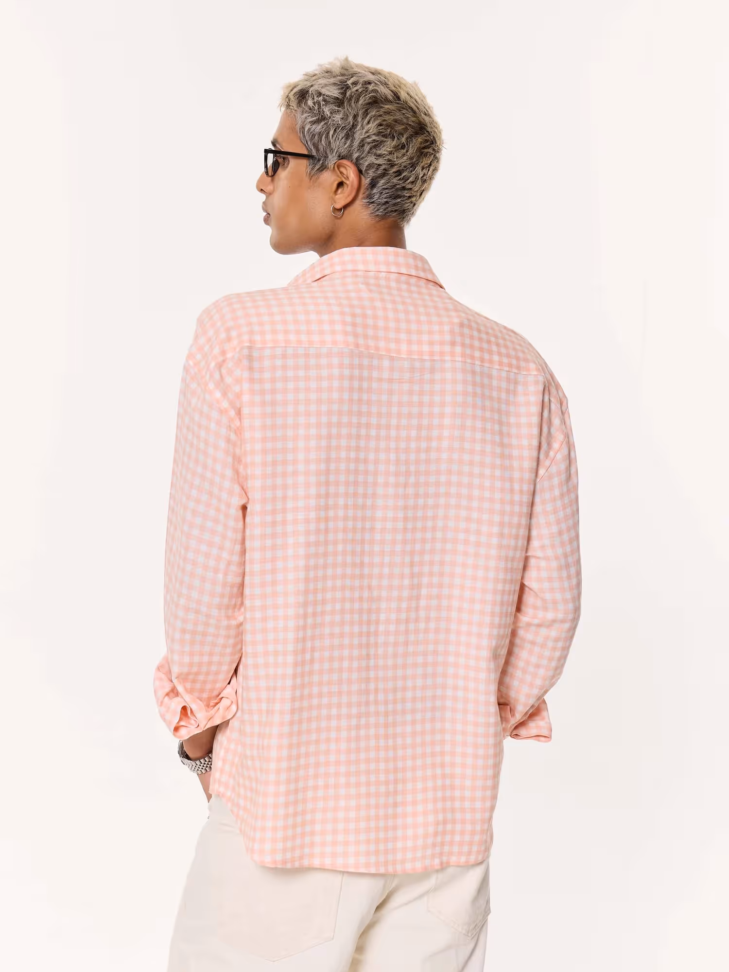 Peach & White Checkered Oversized Cropped Shirt  image 7