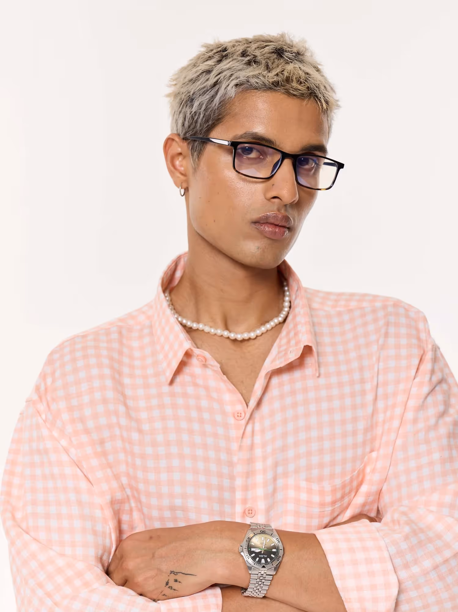 Peach & White Checkered Oversized Cropped Shirt  image 8