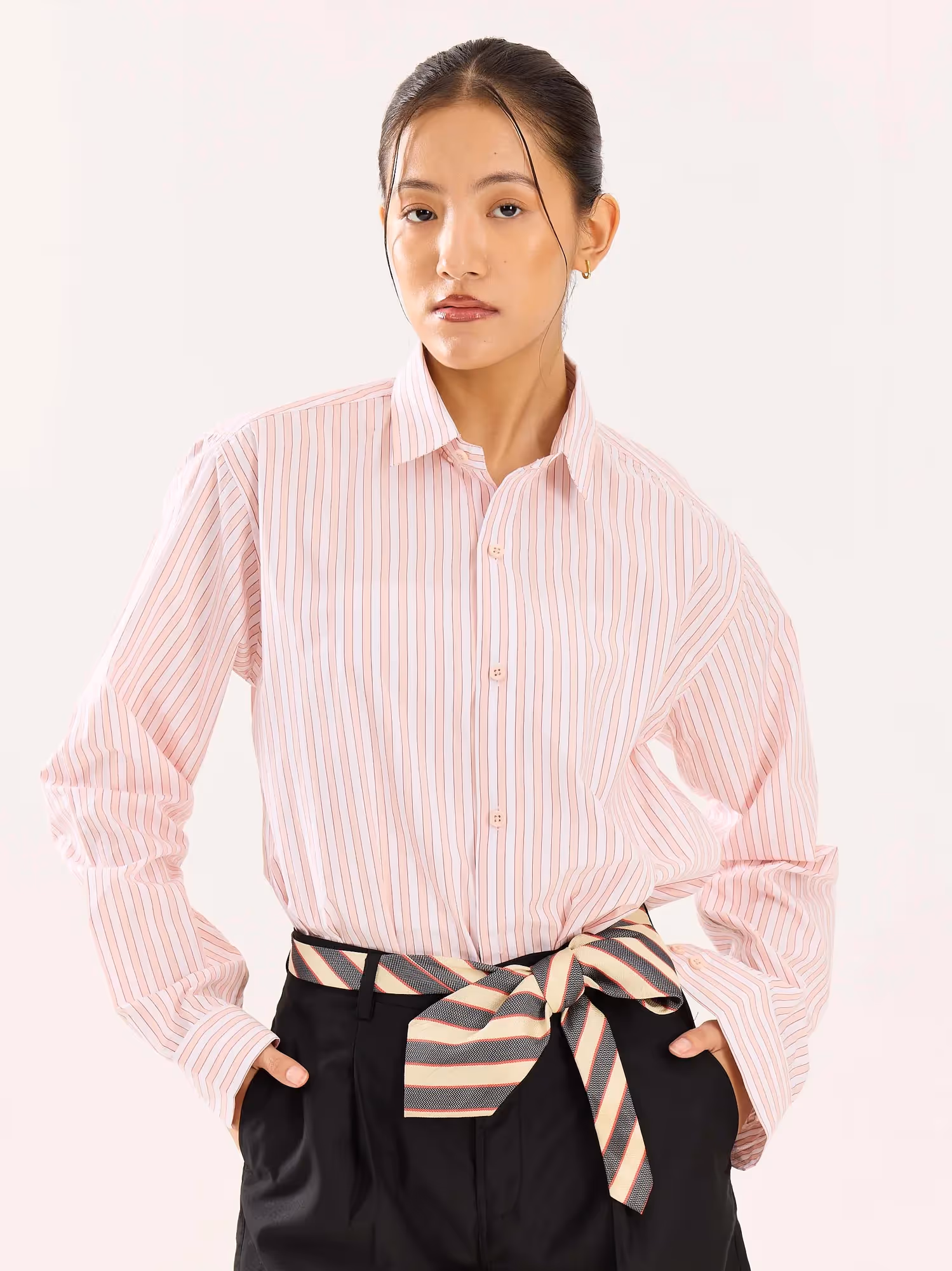 Peach and White Striped Poplin Shirt image 4