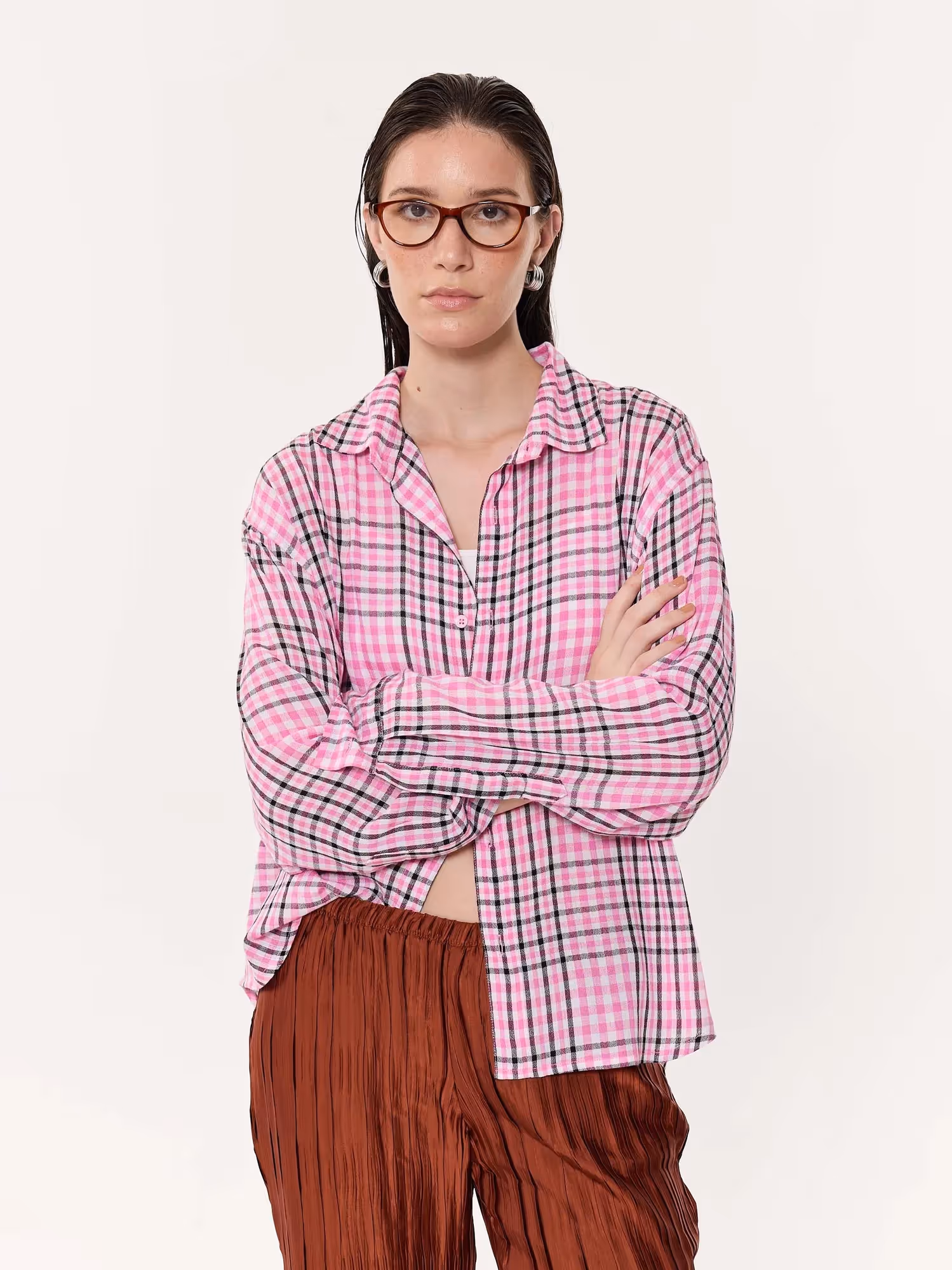 Pink & Black Tartan Oversized Cropped Shirt image 4