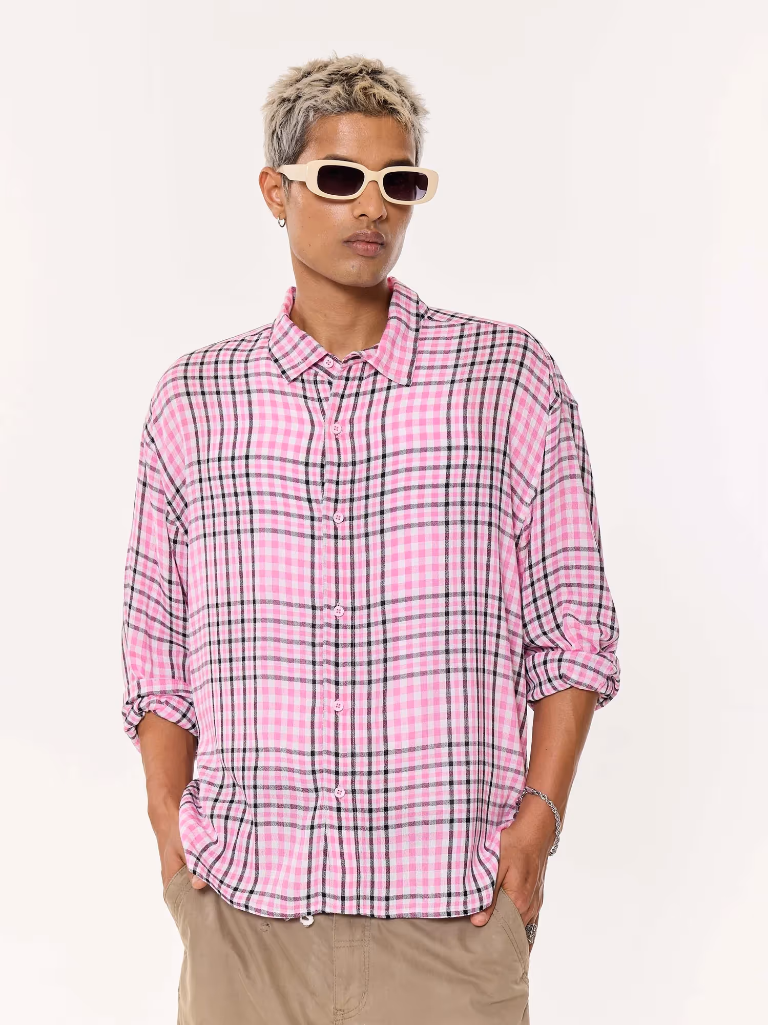 Pink & Black Tartan Oversized Cropped Shirt image 5