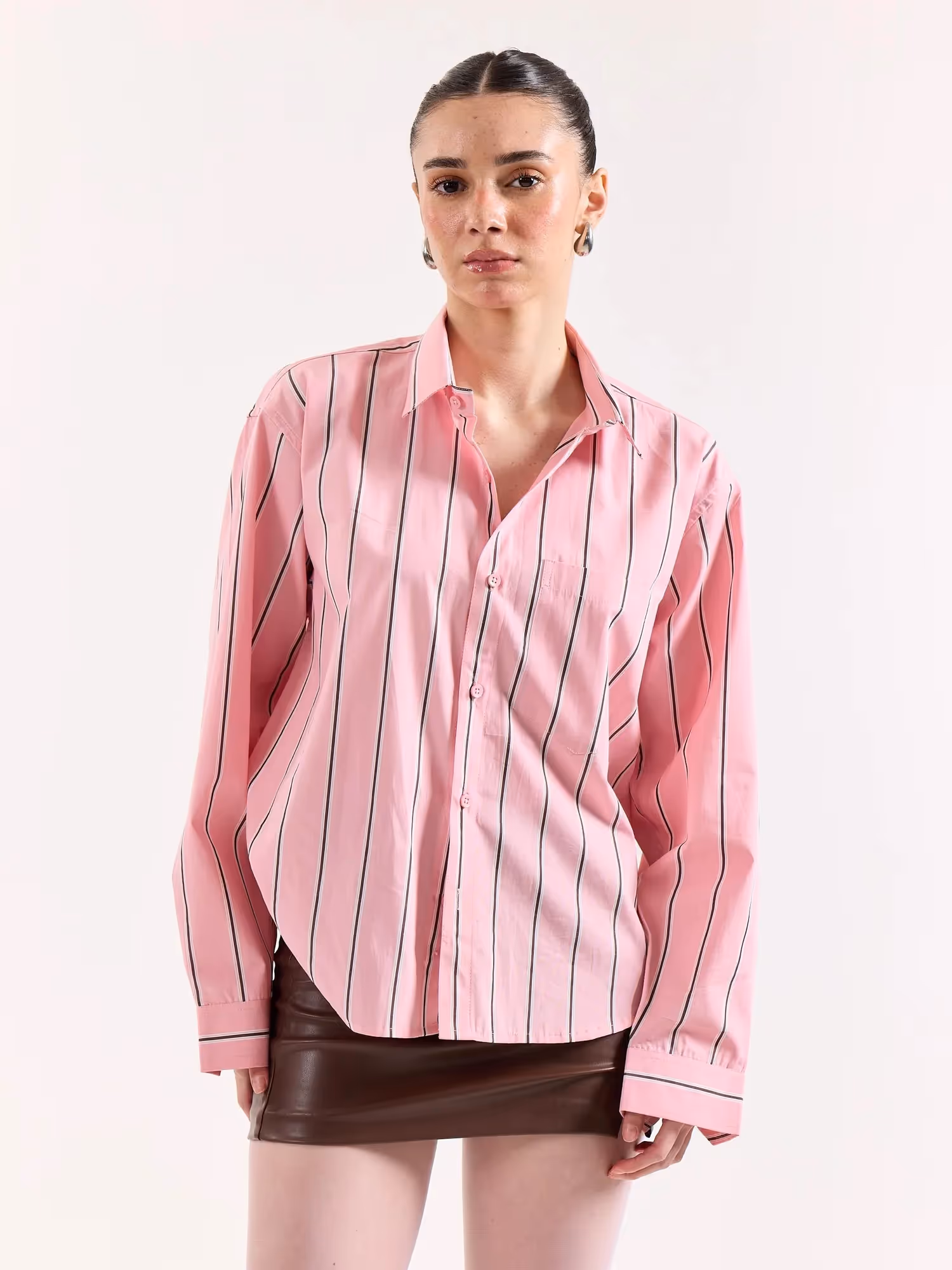Pink & Brown Striped Poplin Oversized Shirt image 4