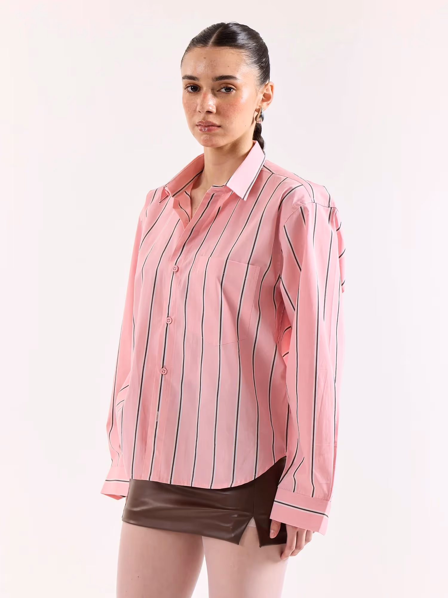 Pink & Brown Striped Poplin Oversized Shirt image 7