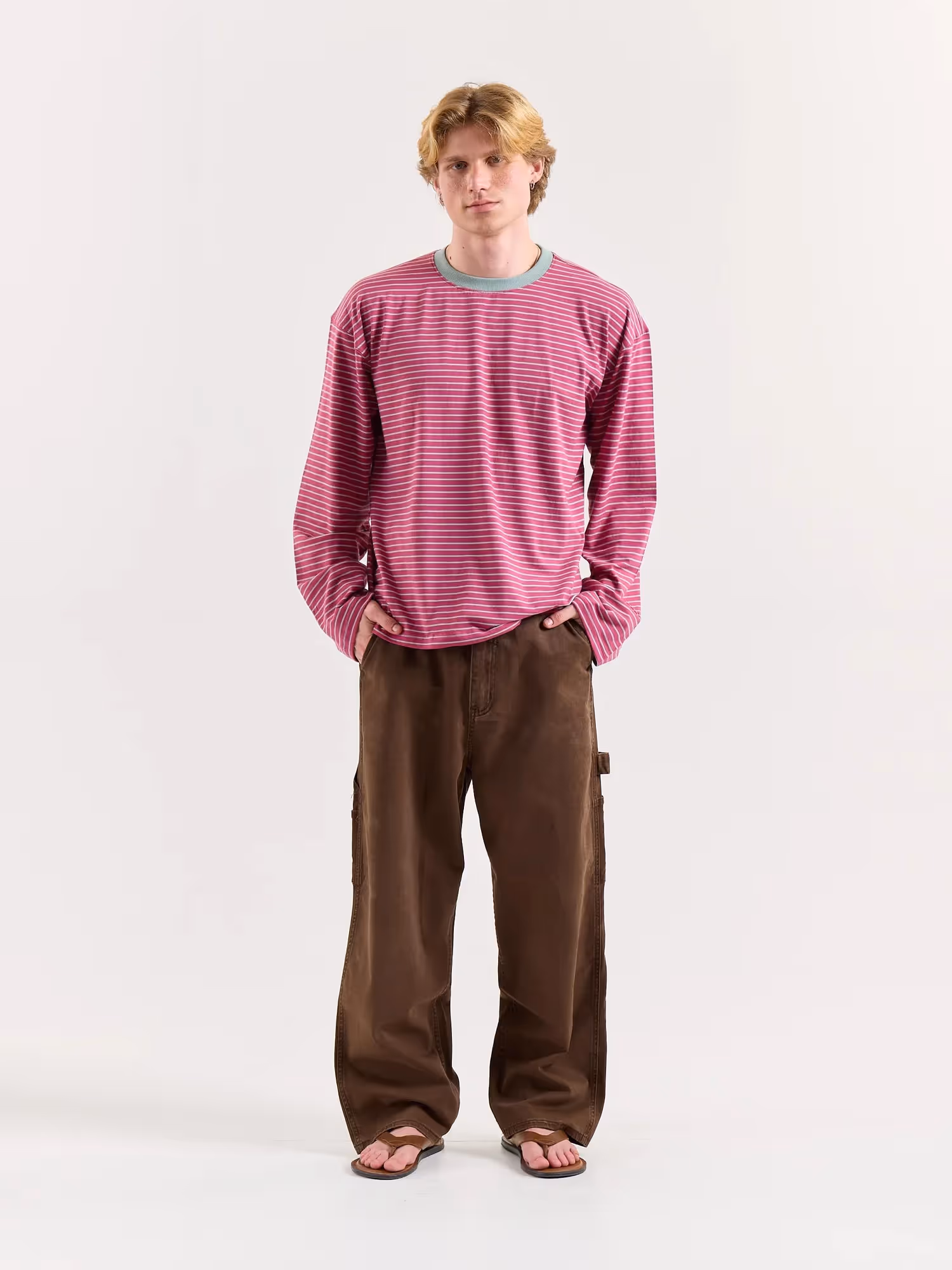 Pink & Mint Striped Loose Fit Cropped T-Shirt image 1