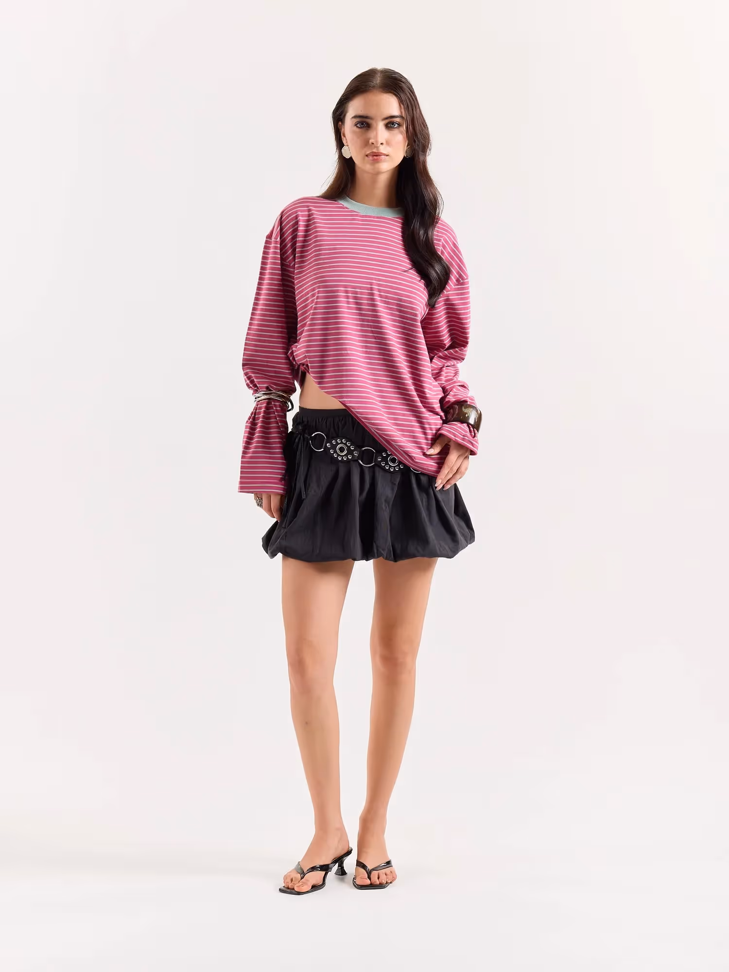 Pink & Mint Striped Loose Fit Cropped T-Shirt image 2