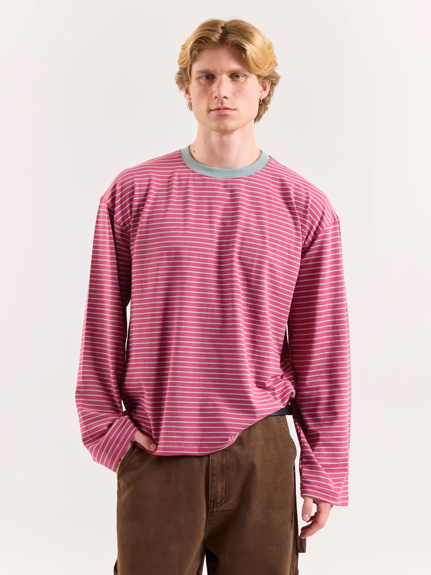 Pink & Mint Striped Loose Fit Cropped T-Shirt image 3