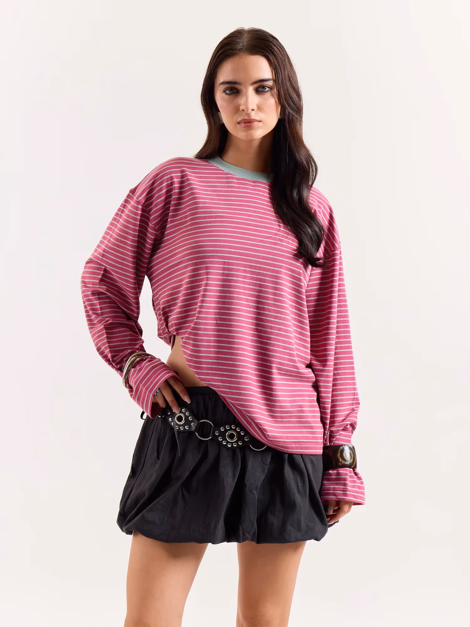 Pink & Mint Striped Loose Fit Cropped T-Shirt image 4