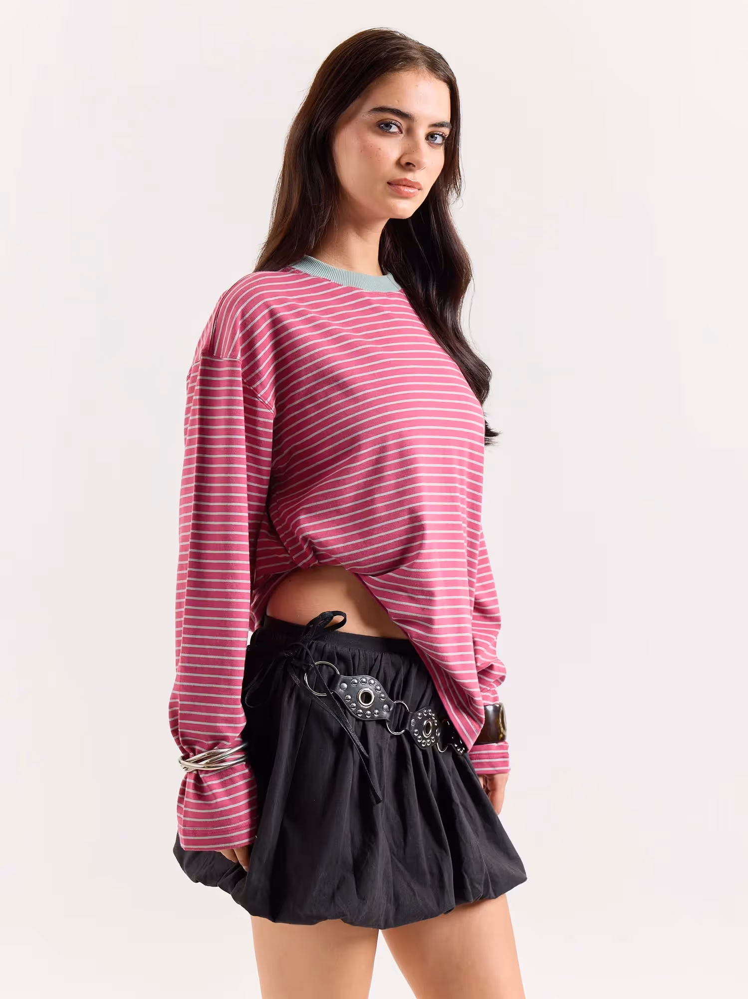 Pink & Mint Striped Loose Fit Cropped T-Shirt image 5