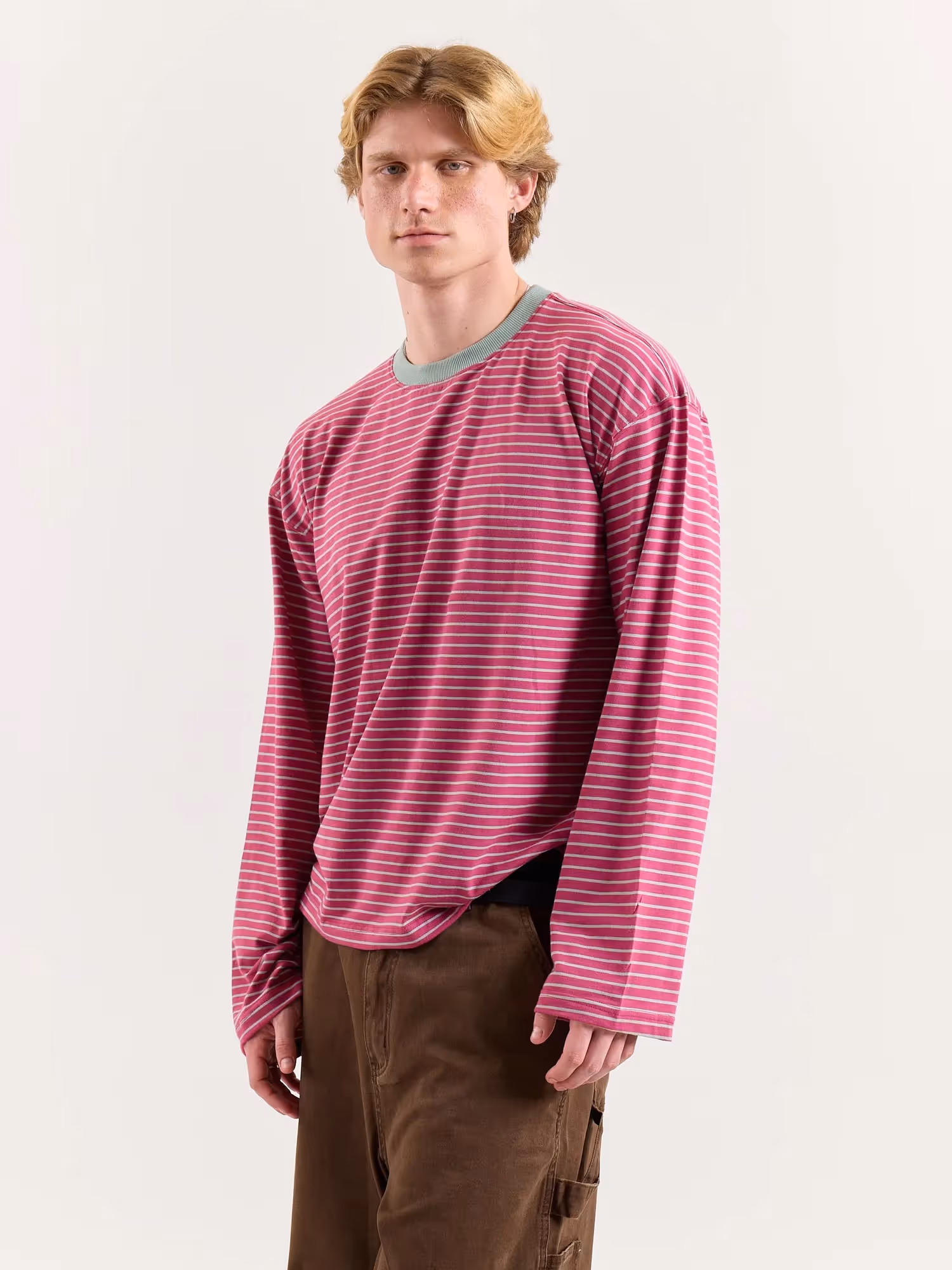 Pink & Mint Striped Loose Fit Cropped T-Shirt image 7
