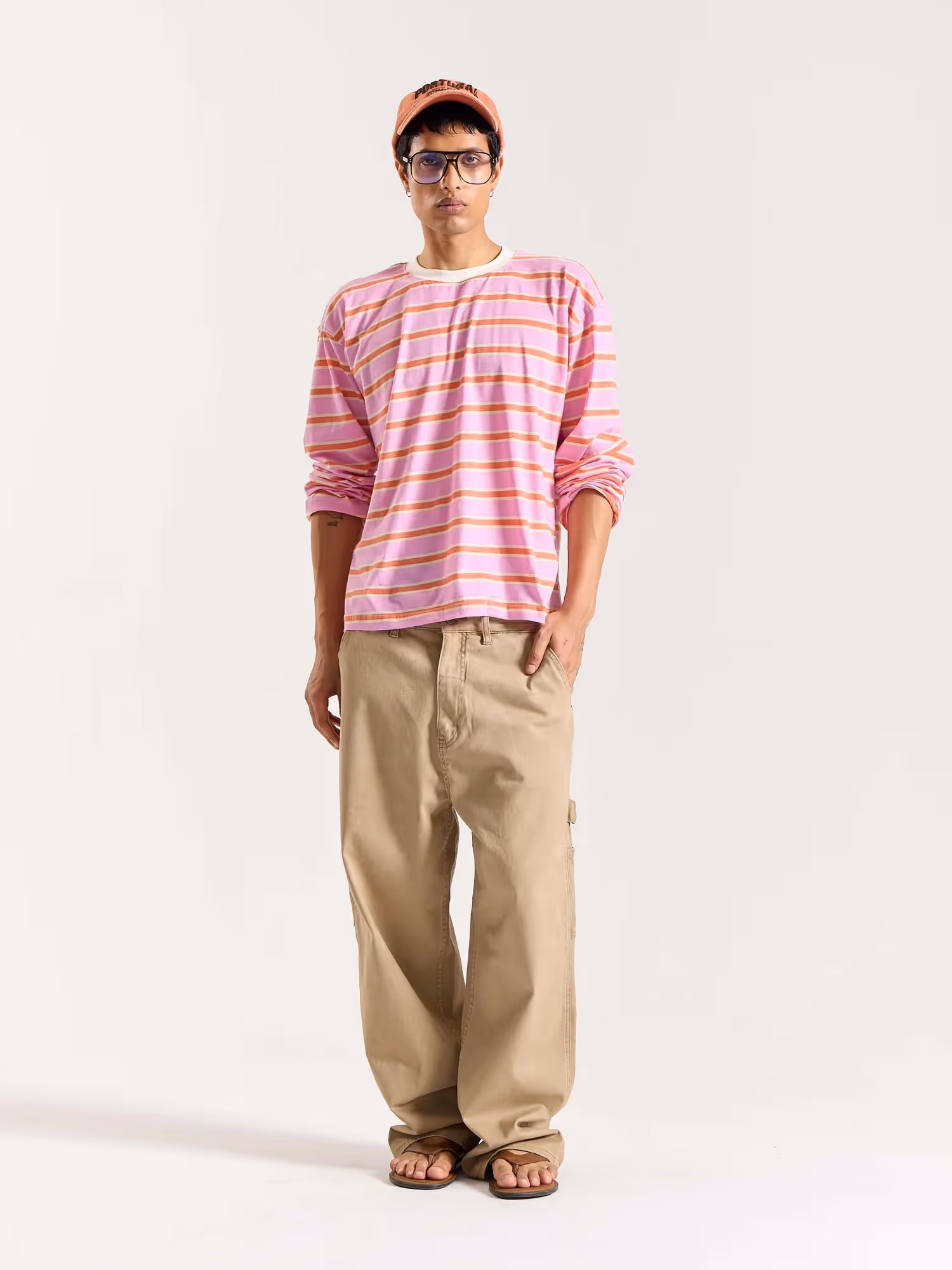 Pink & Orange Striped Loose Fit Cropped T-Shirt image 1