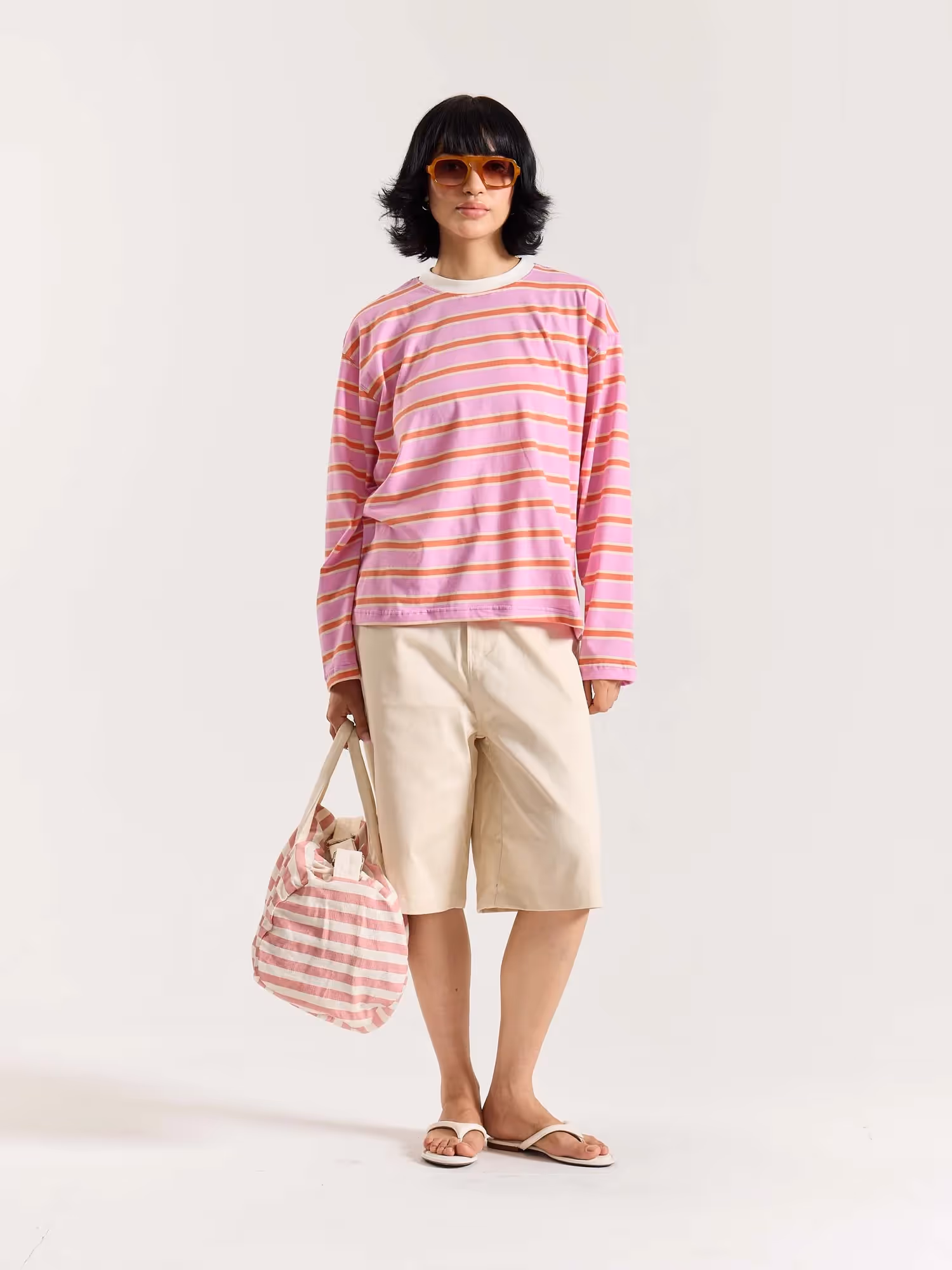 Pink & Orange Striped Loose Fit Cropped T-Shirt image 2
