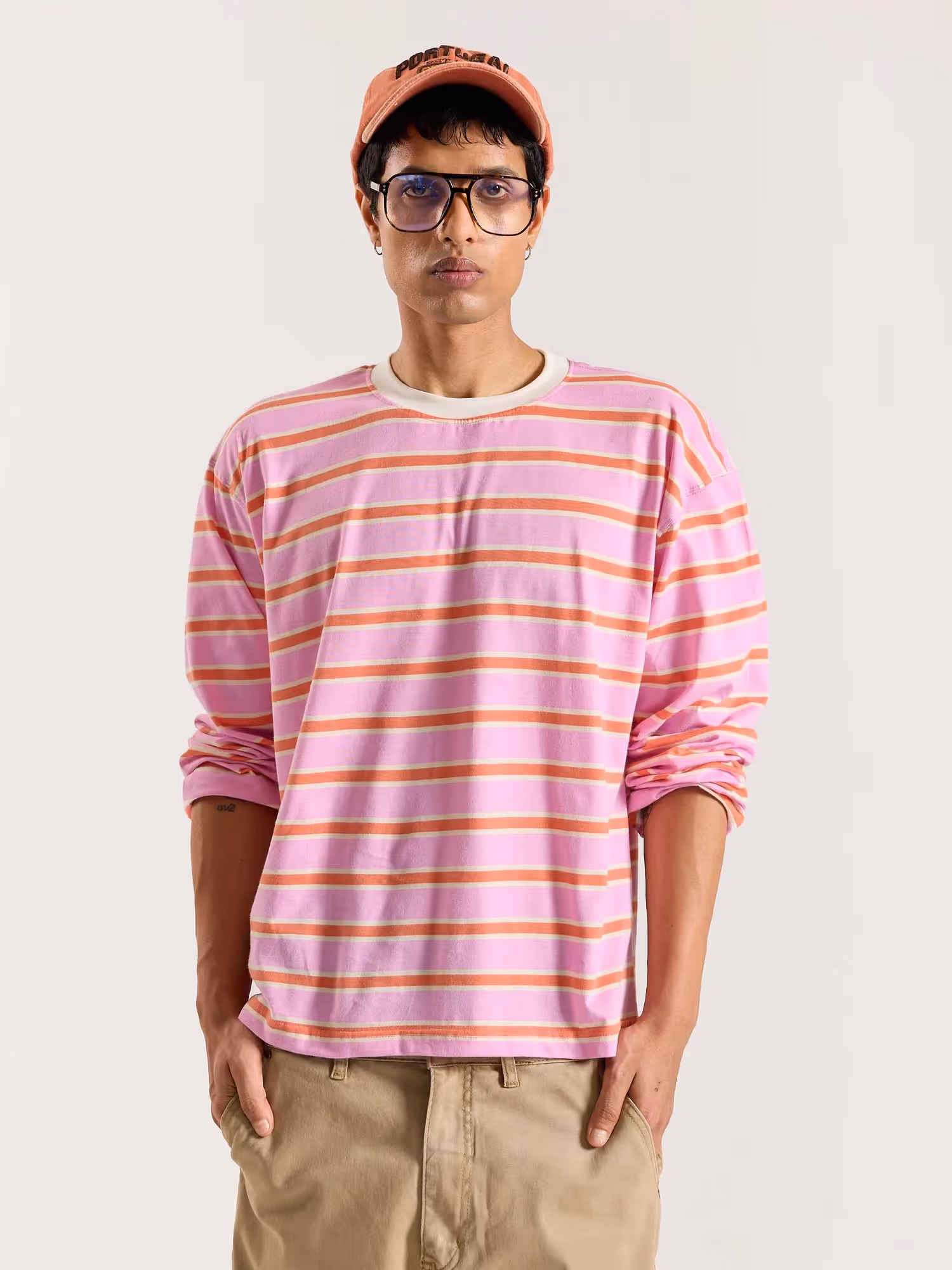 Pink & Orange Striped Loose Fit Cropped T-Shirt image 3