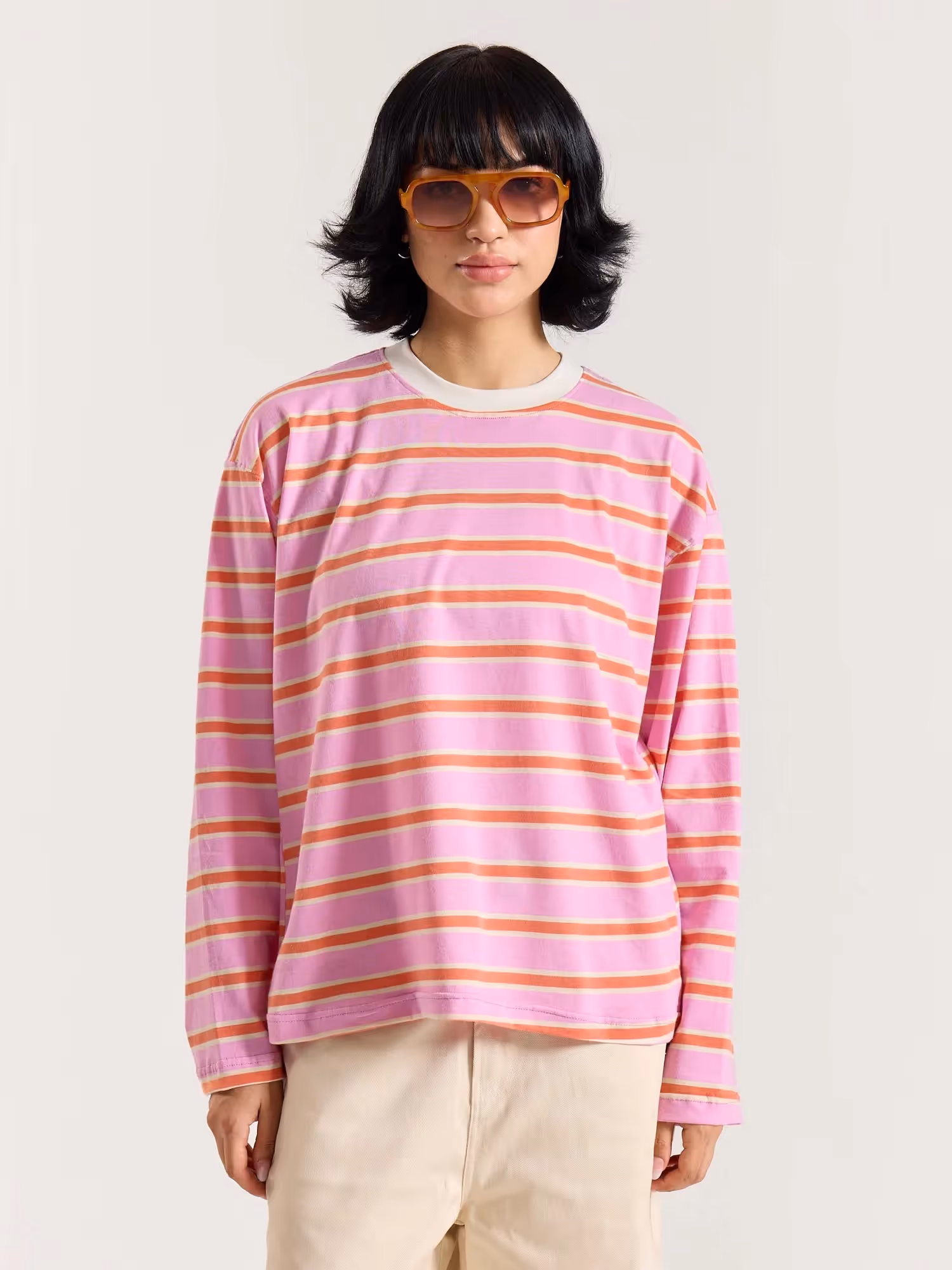 Pink & Orange Striped Loose Fit Cropped T-Shirt image 4