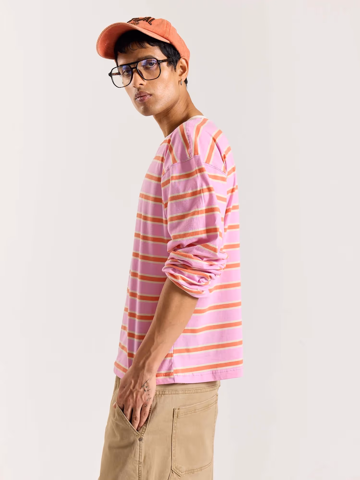 Pink & Orange Striped Loose Fit Cropped T-Shirt image 5