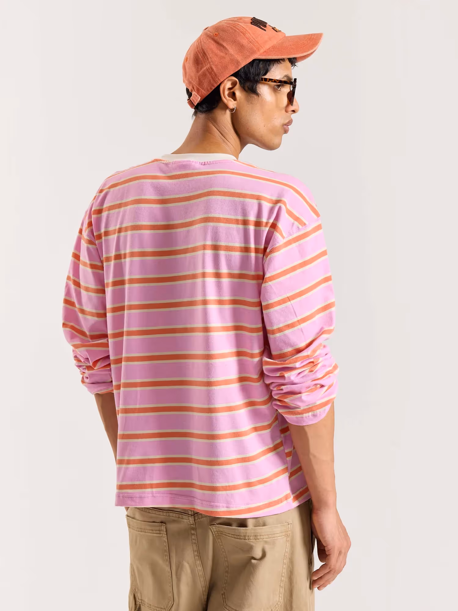Pink & Orange Striped Loose Fit Cropped T-Shirt image 7