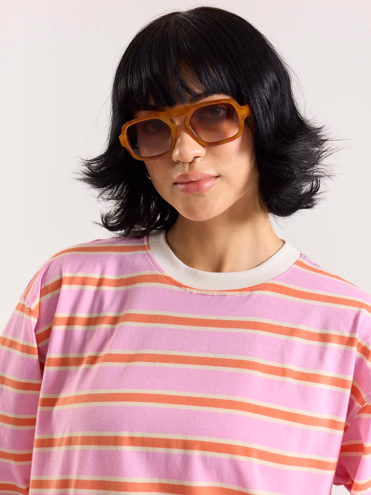 Pink & Orange Striped Loose Fit Cropped T-Shirt image 8