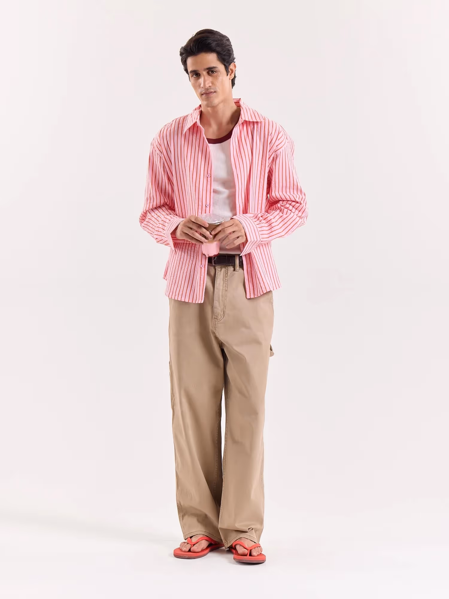 Pink & Red Striped Seersucker Cropped Shirt image 1
