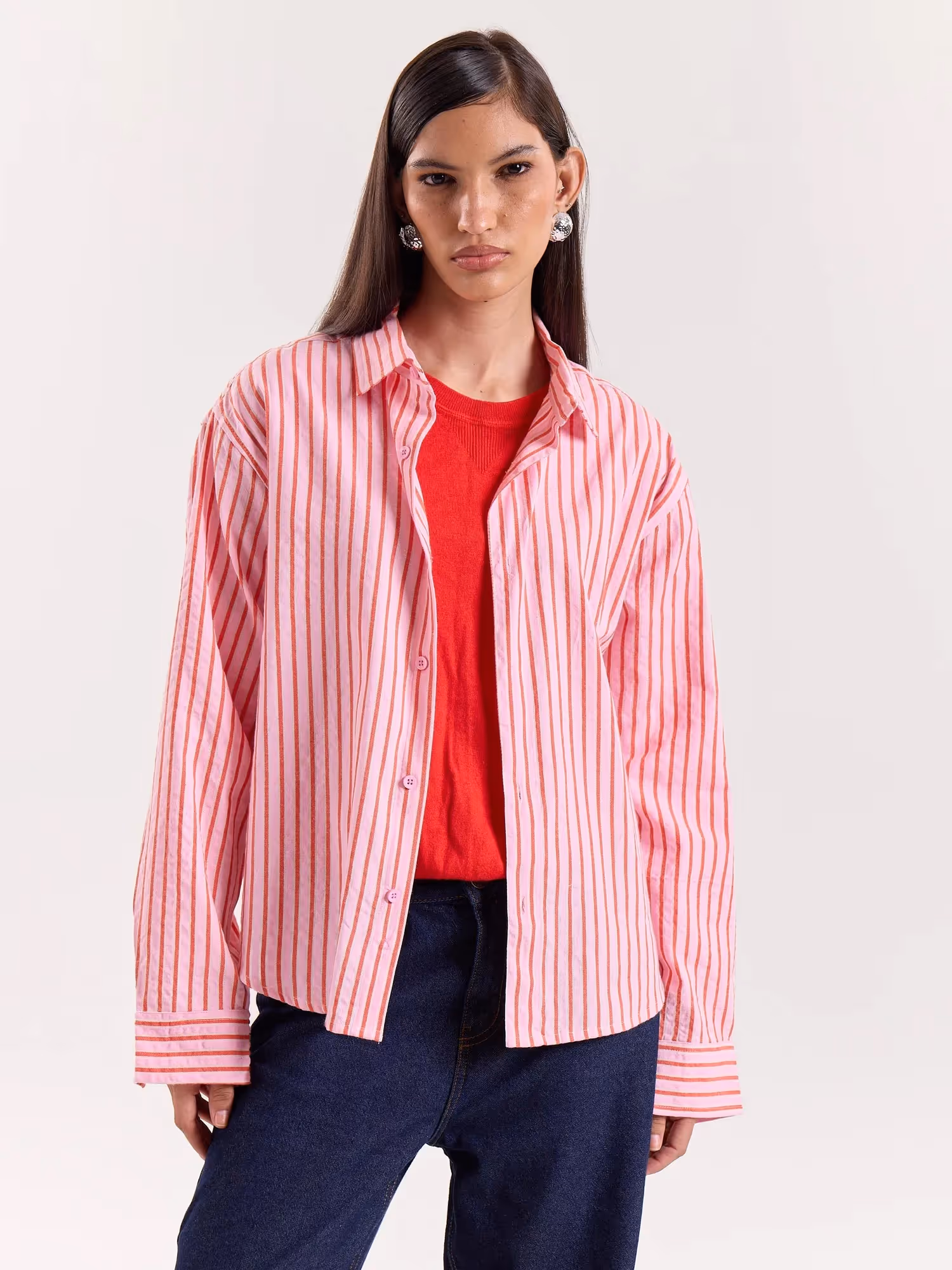 Pink & Red Striped Seersucker Cropped Shirt image 4