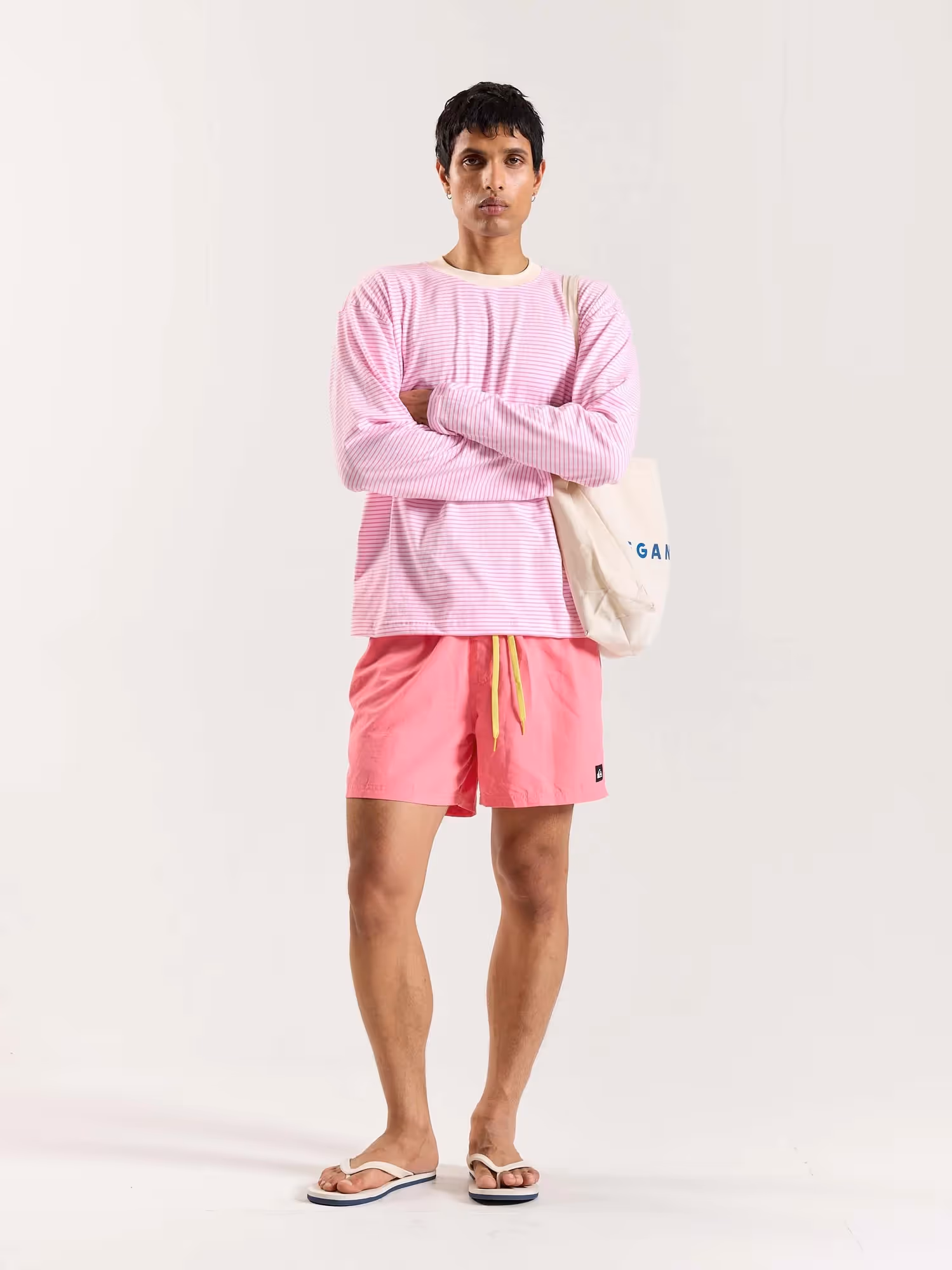 Pink & White Striped Loose Fit Cropped T-Shirt image 1