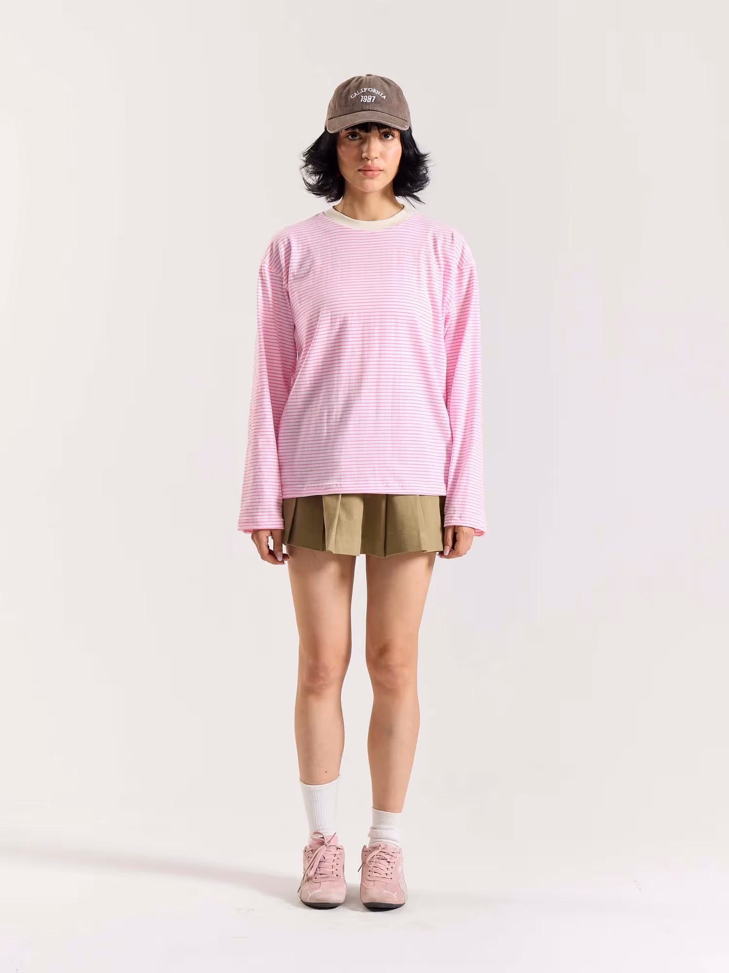 Pink & White Striped Loose Fit Cropped T-Shirt image 2