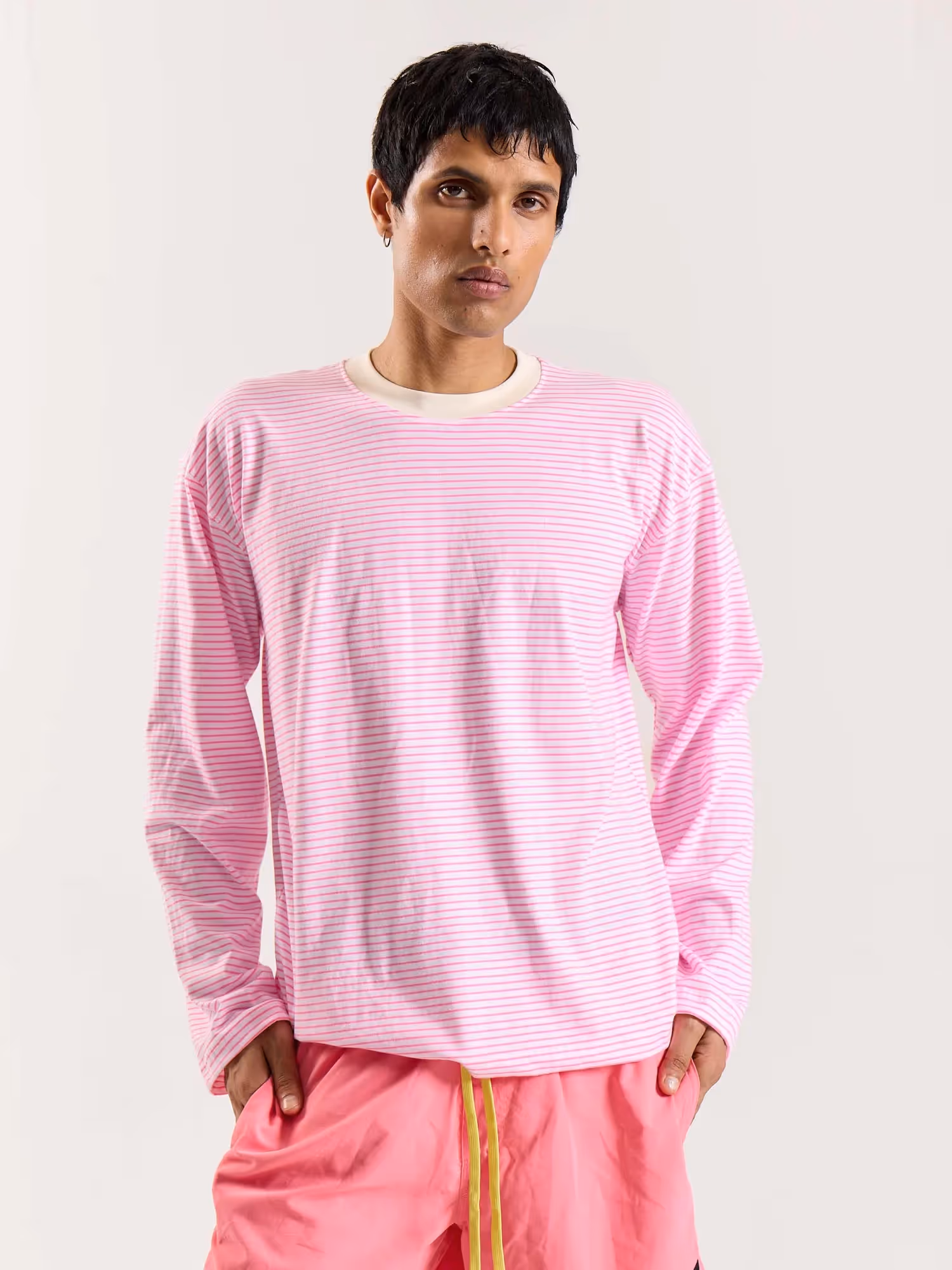 Pink & White Striped Loose Fit Cropped T-Shirt image 3