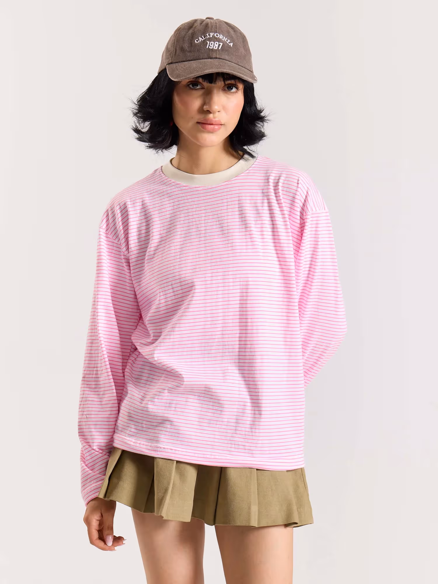 Pink & White Striped Loose Fit Cropped T-Shirt image 4