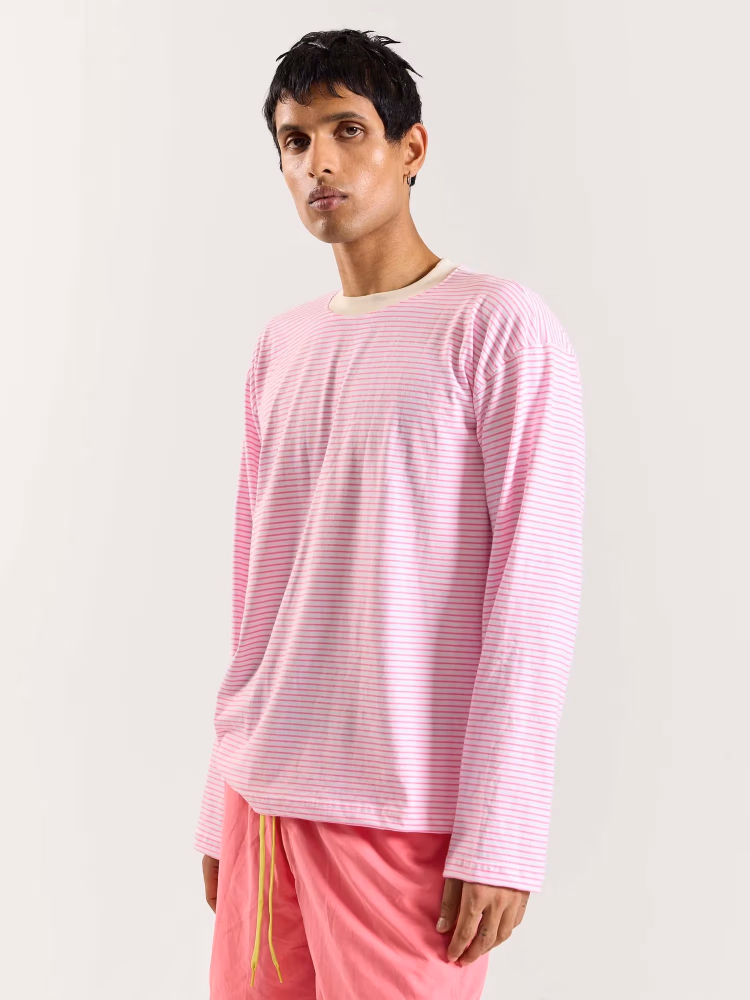 Pink & White Striped Loose Fit Cropped T-Shirt image 5