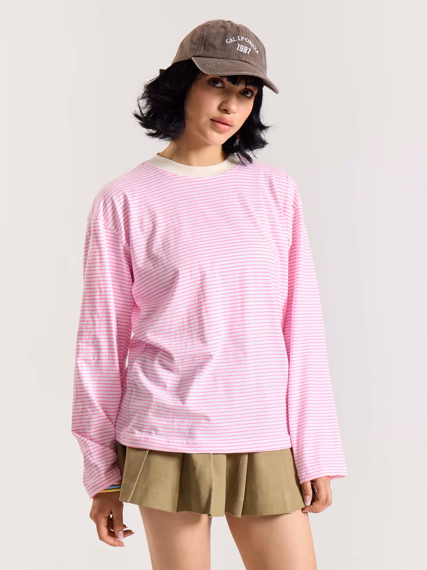 Pink & White Striped Loose Fit Cropped T-Shirt image 6