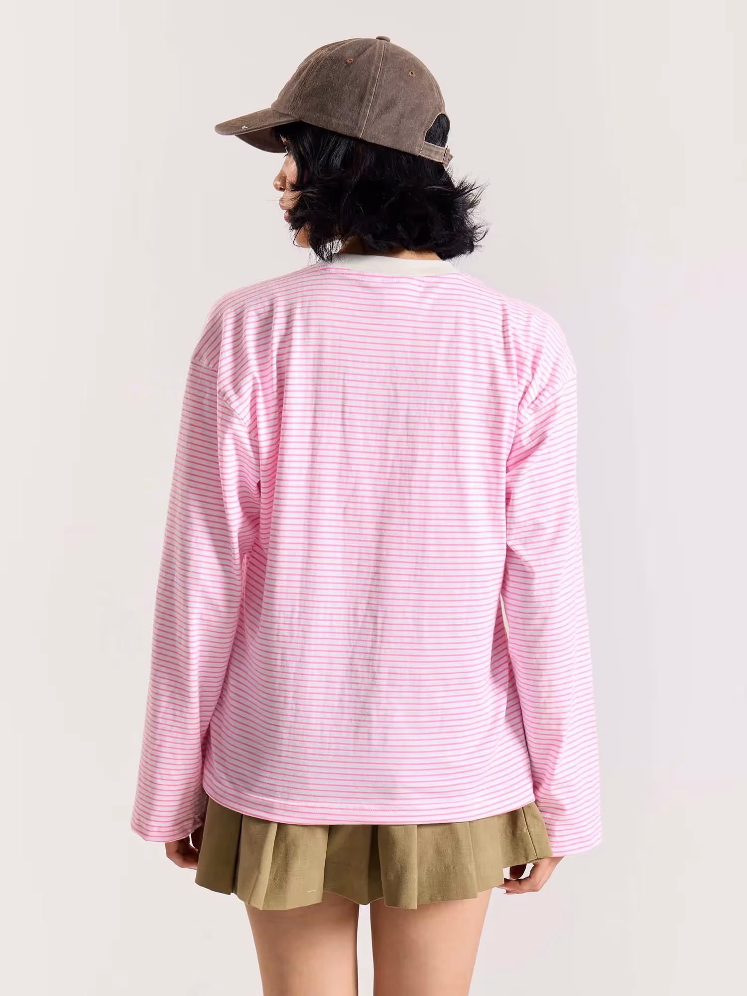 Pink & White Striped Loose Fit Cropped T-Shirt image 7
