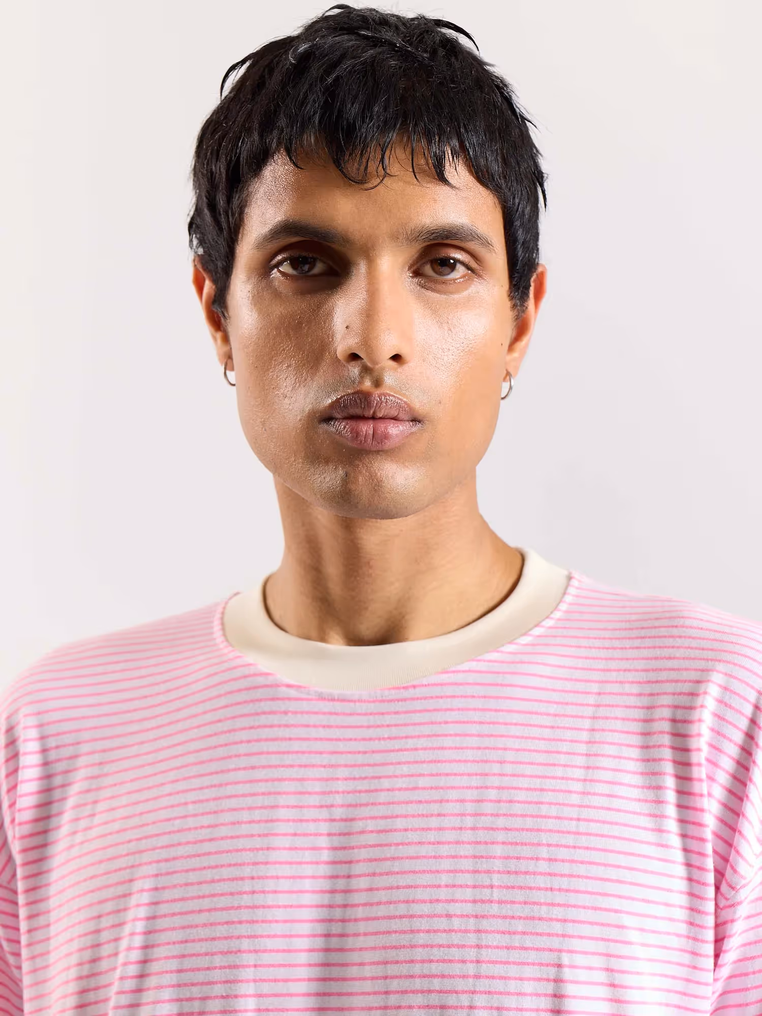 Pink & White Striped Loose Fit Cropped T-Shirt image 8
