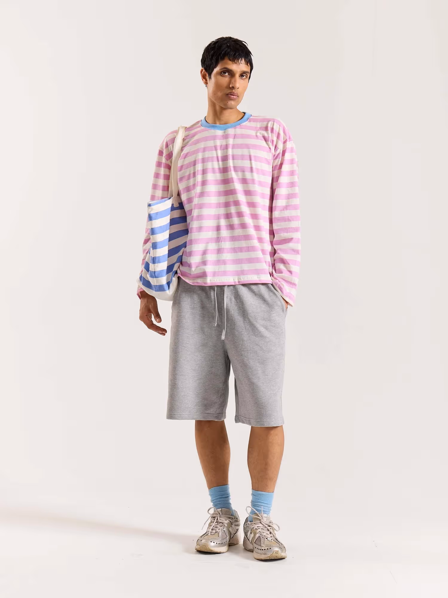 Pink and White Thick Striped Loose Fit Cropped T-Shirt image 1