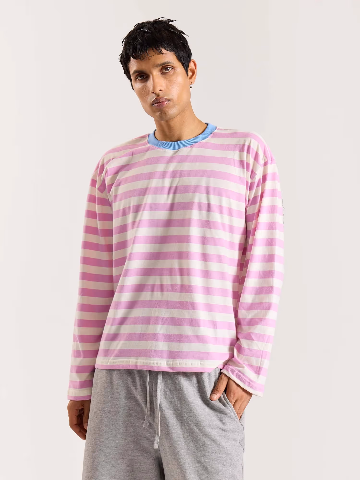 Pink and White Thick Striped Loose Fit Cropped T-Shirt image 3