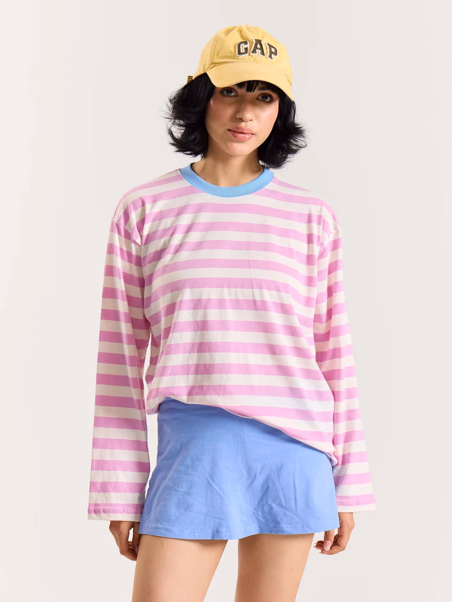Pink and White Thick Striped Loose Fit Cropped T-Shirt image 4