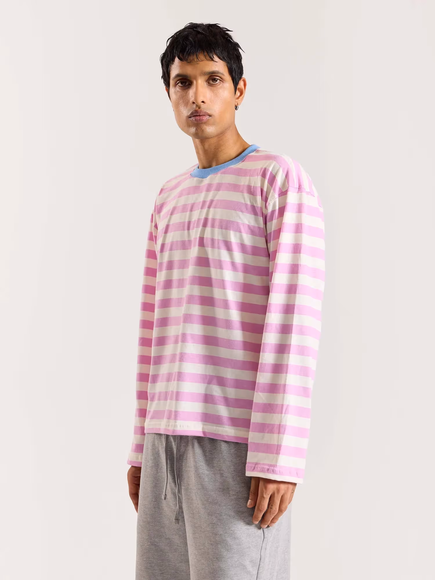 Pink and White Thick Striped Loose Fit Cropped T-Shirt image 5