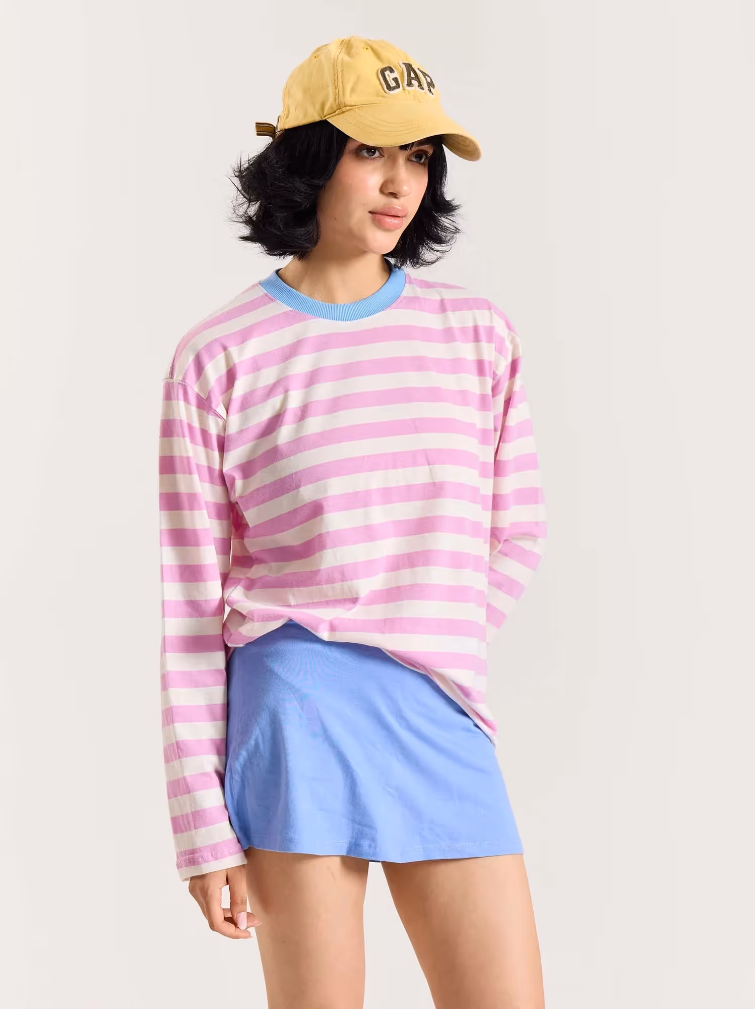 Pink and White Thick Striped Loose Fit Cropped T-Shirt image 6