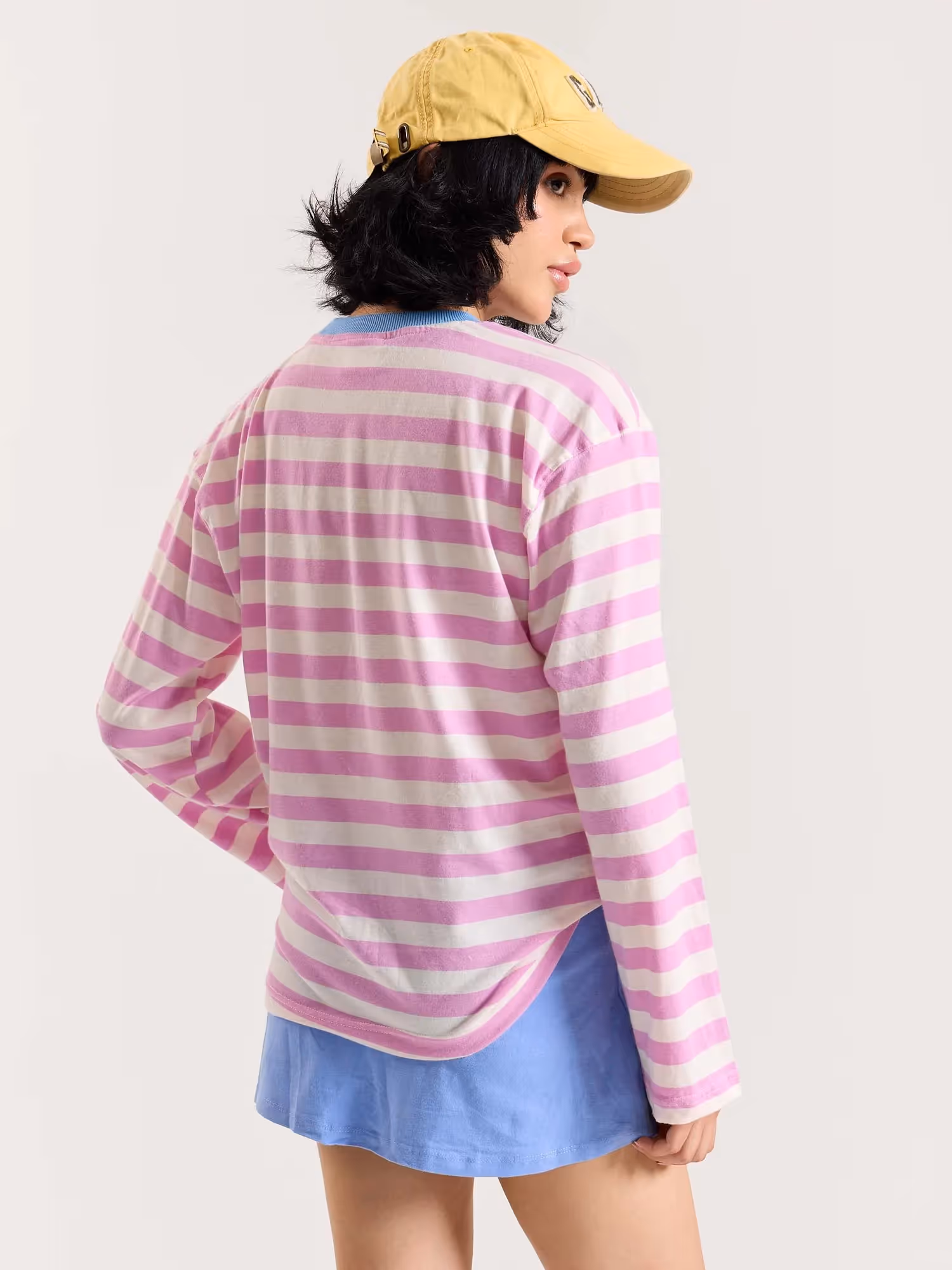 Pink and White Thick Striped Loose Fit Cropped T-Shirt image 7