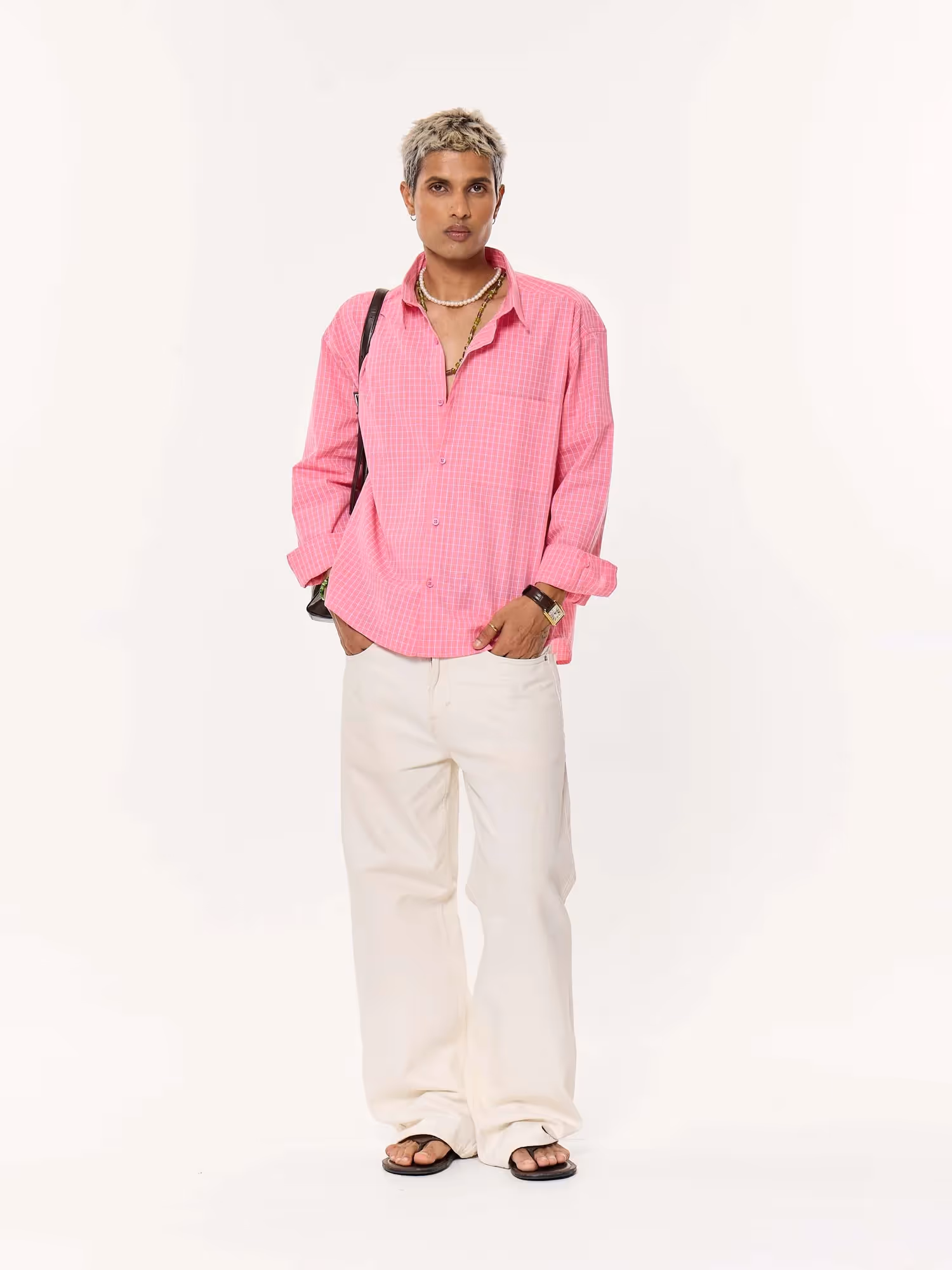 Pink Checkered Oversized Cropped Shirt image 1