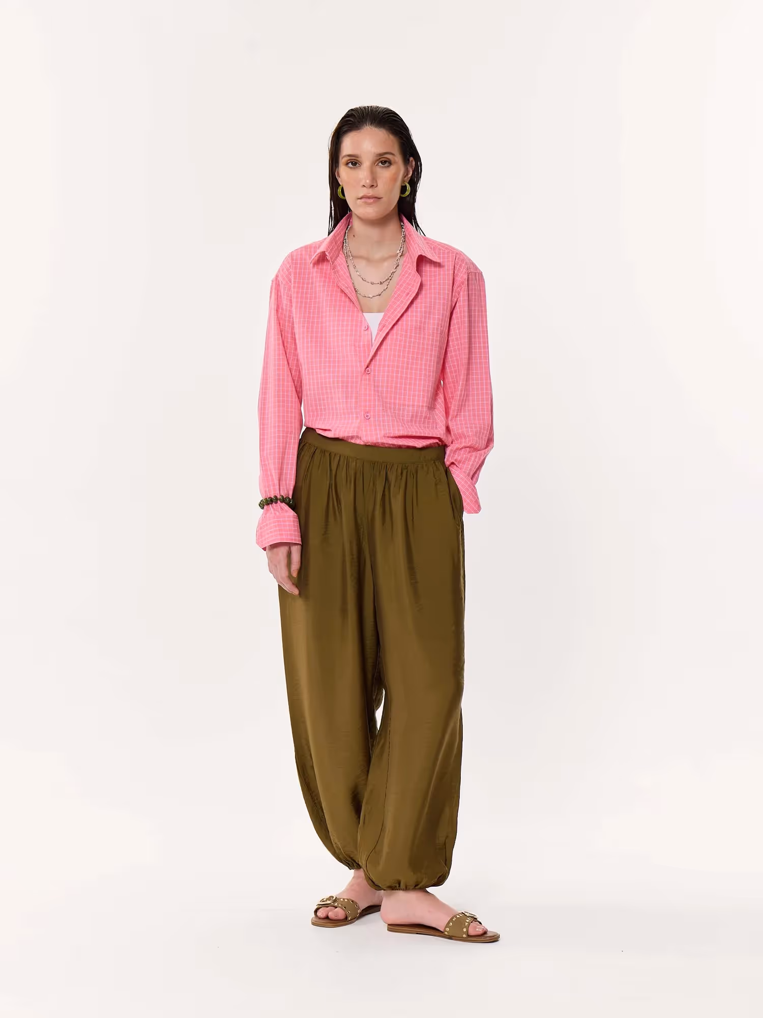 Pink Checkered Oversized Cropped Shirt image 2