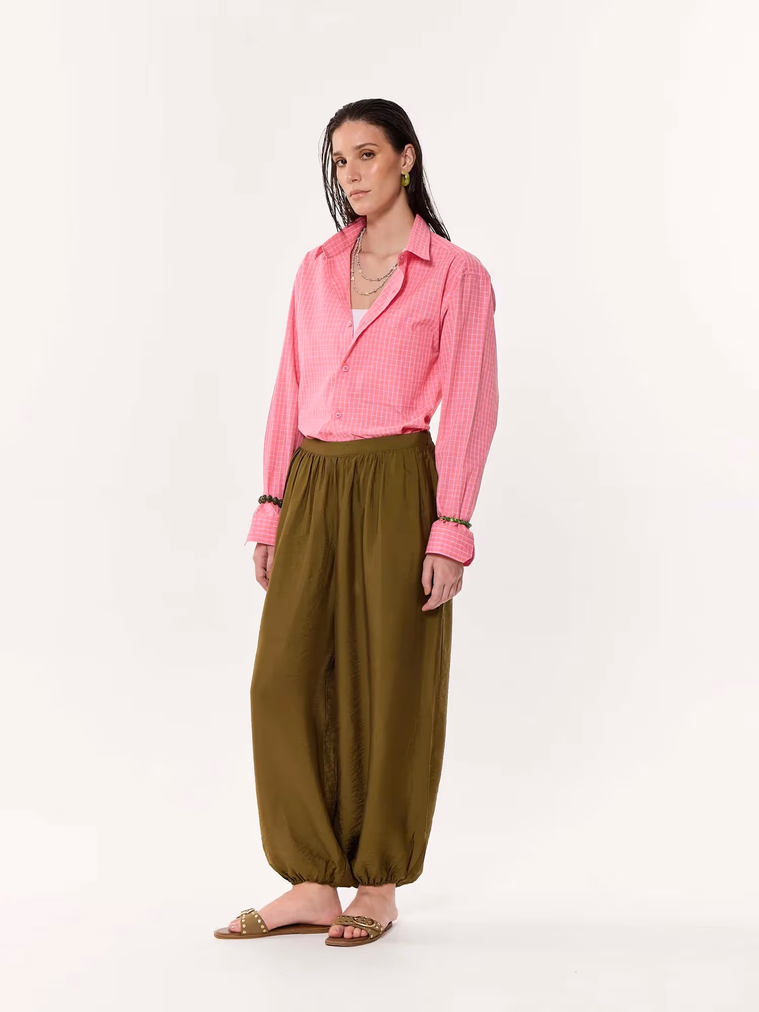 Pink Checkered Oversized Cropped Shirt image 3