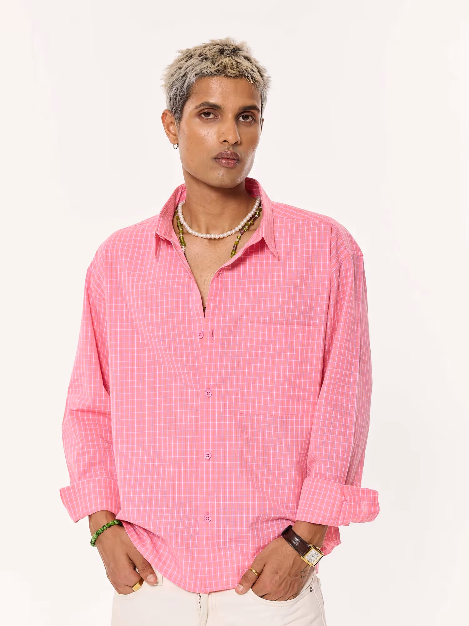 Pink Checkered Oversized Cropped Shirt image 4