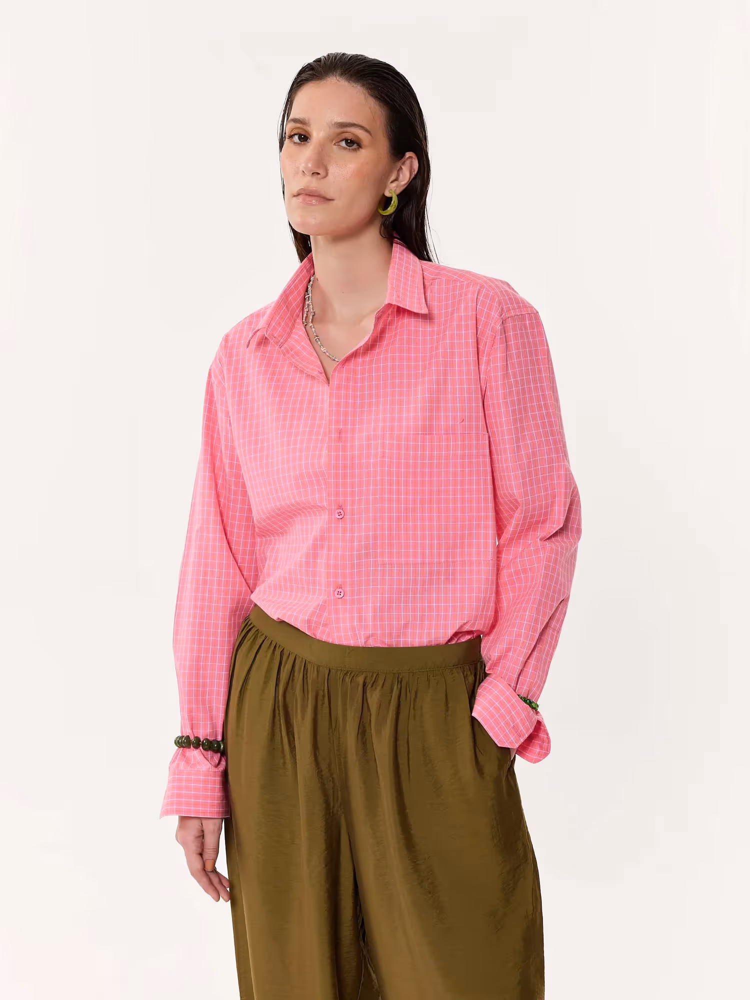 Pink Checkered Oversized Cropped Shirt image 5
