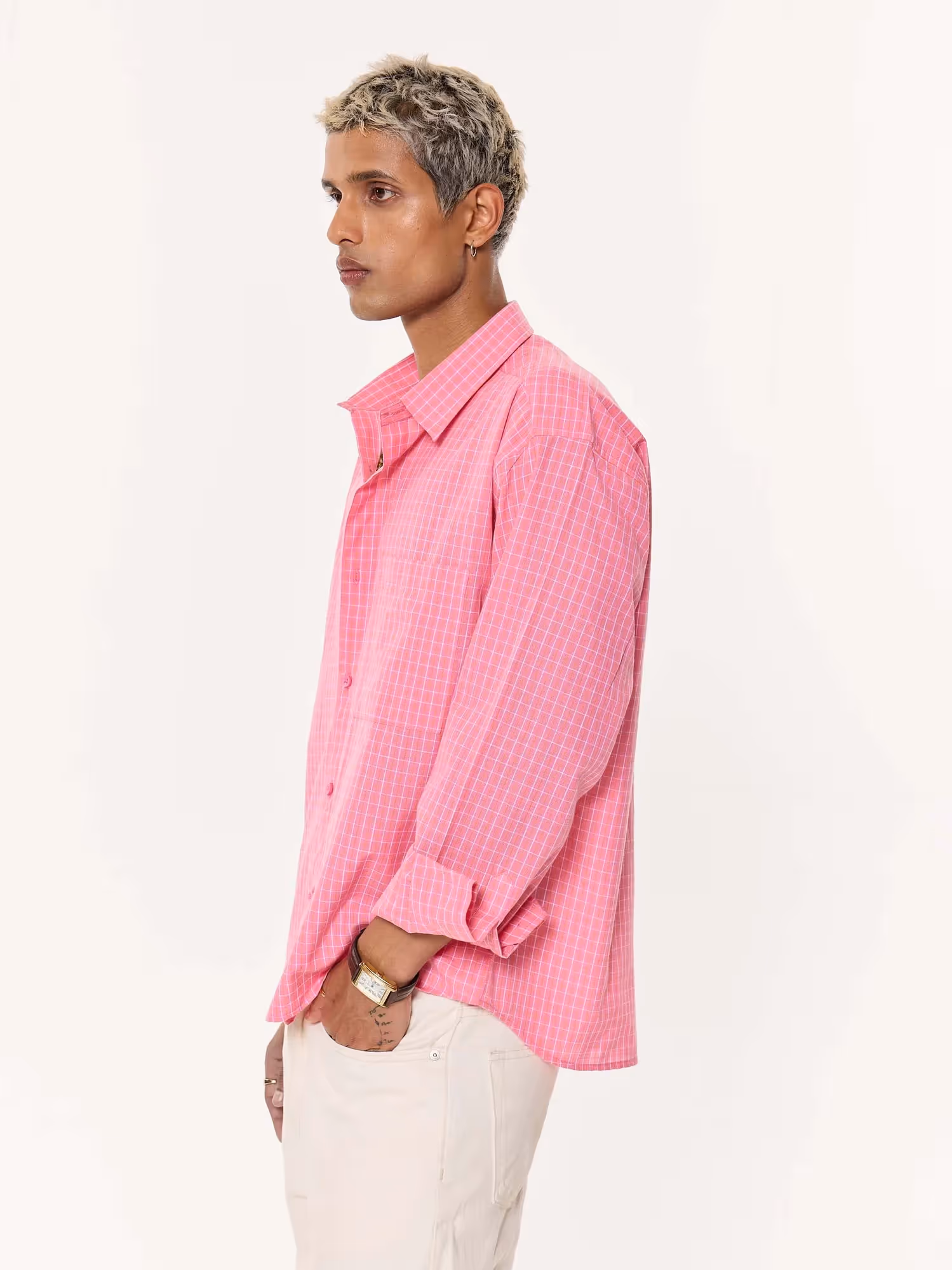 Pink Checkered Oversized Cropped Shirt image 6